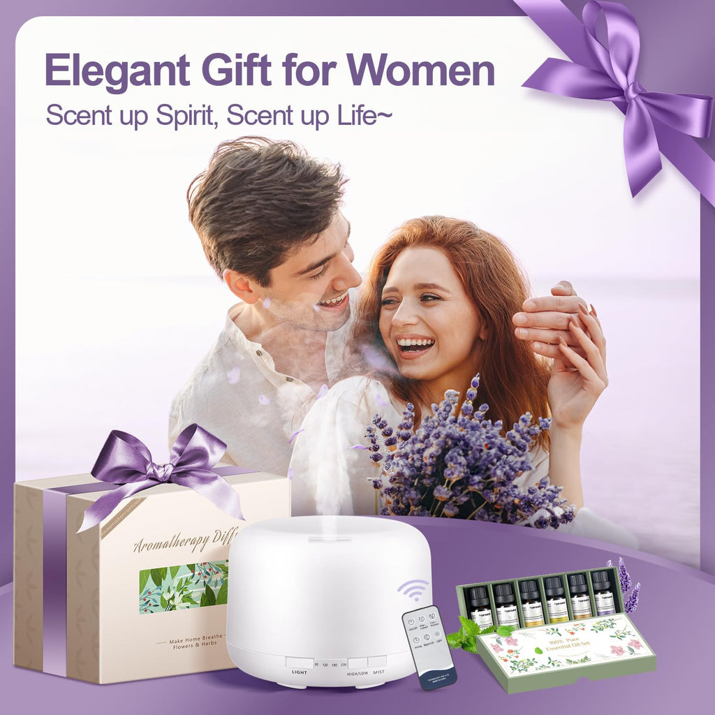 500ML Large Room Essential Oil Diffuser with Bluetooth Speaker, Remote & 6-Oil Set