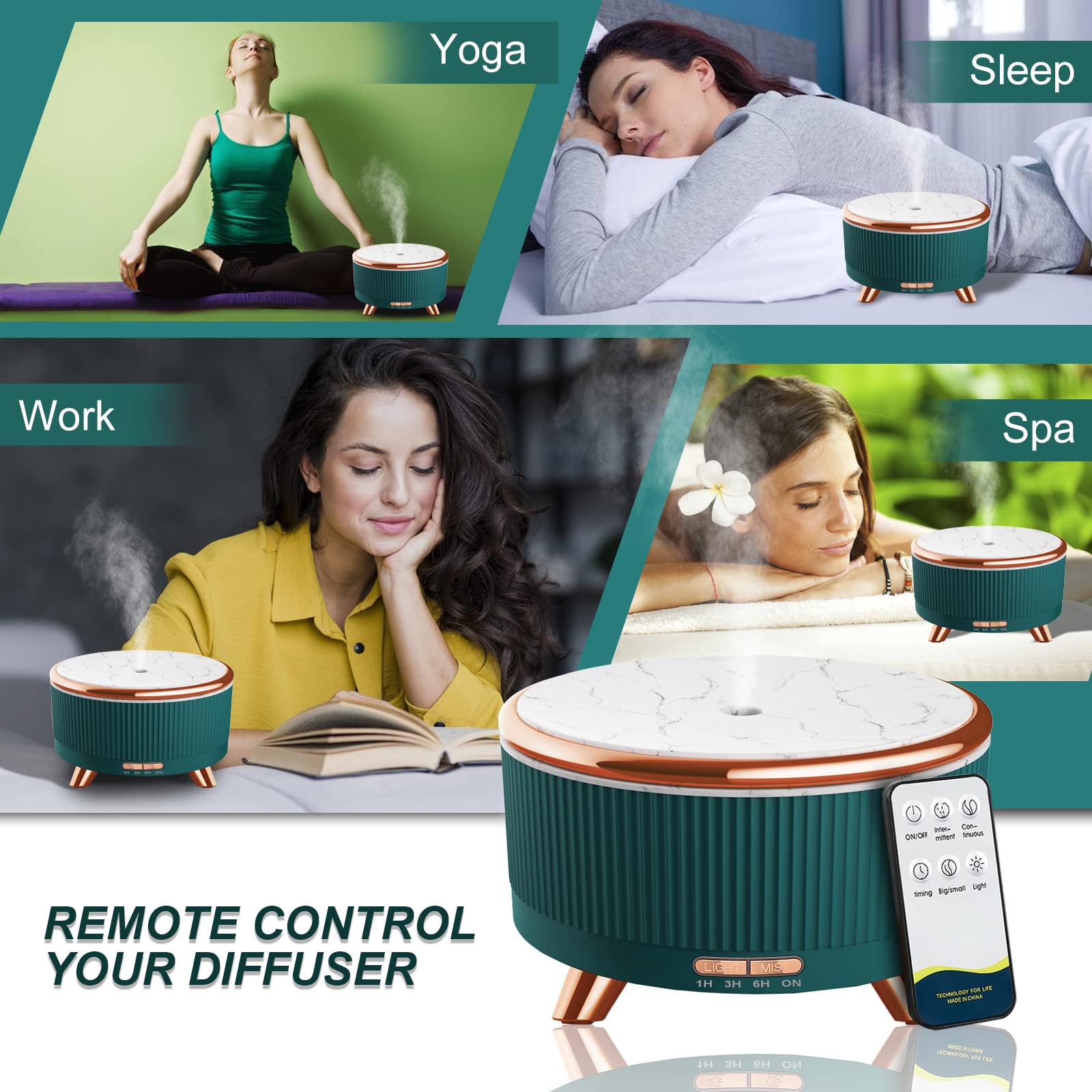 Diffusers for Essential Oils Large Room - 500ml Aromatherapy Diffuser with Remote, 7 Color Lights, 3 Mist Modes, Auto Off