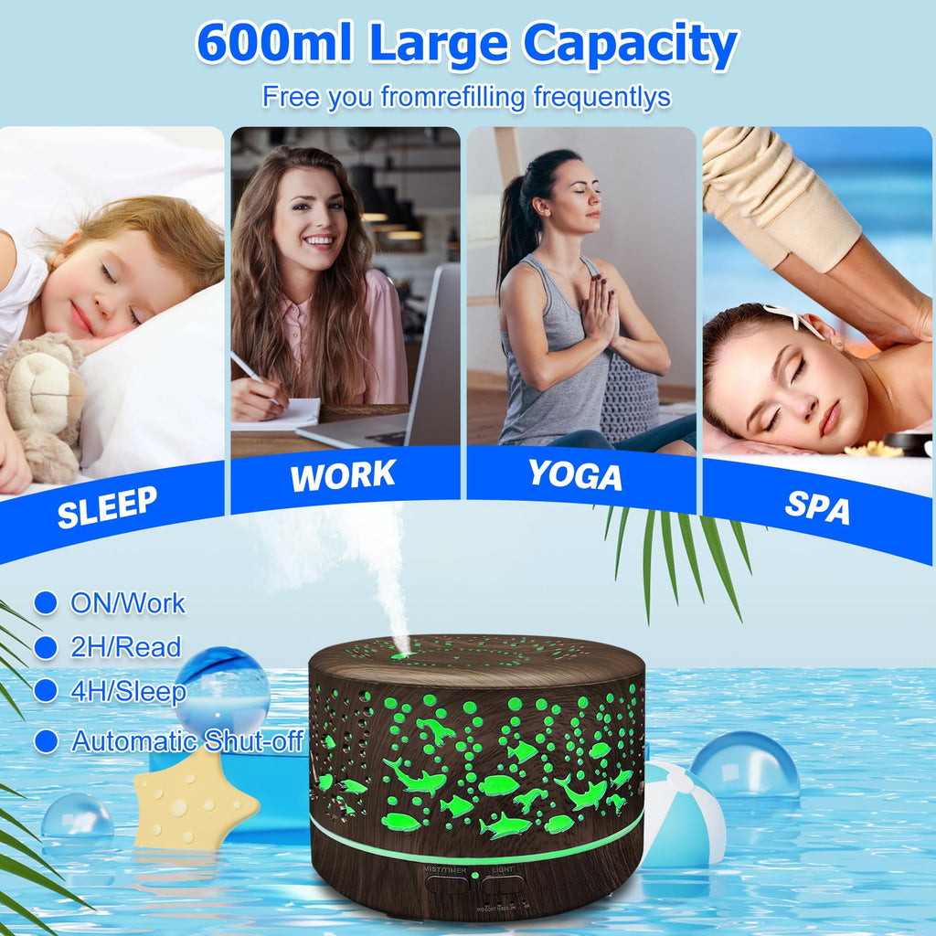 600ml Large Room Essential Oils Diffuser – Auto-Off, 7 Colors, 3 Mist Modes (Dark Wood)