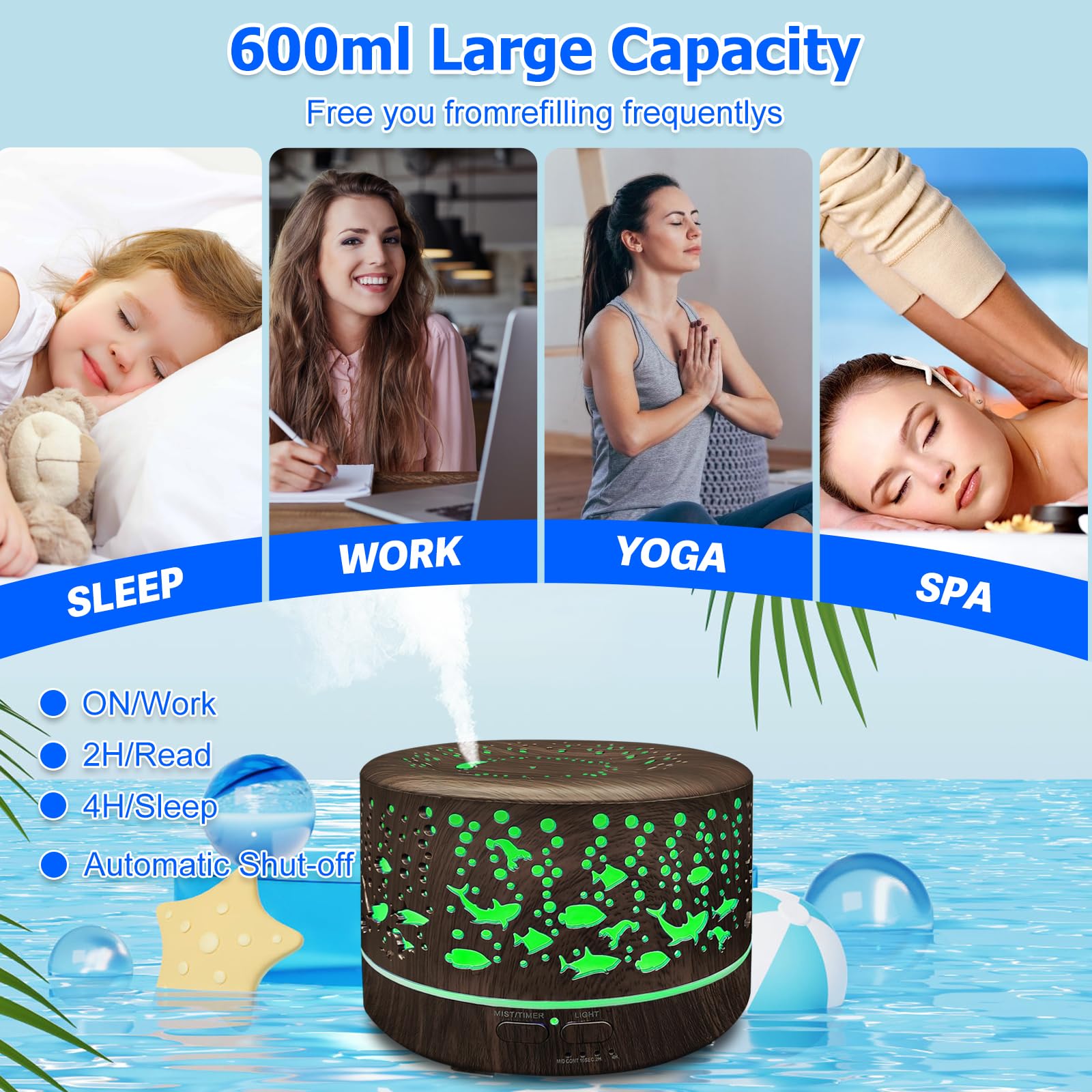 600ml Large Room Essential Oils Diffuser – Auto-Off, 7 Colors, 3 Mist Modes (Dark Wood)