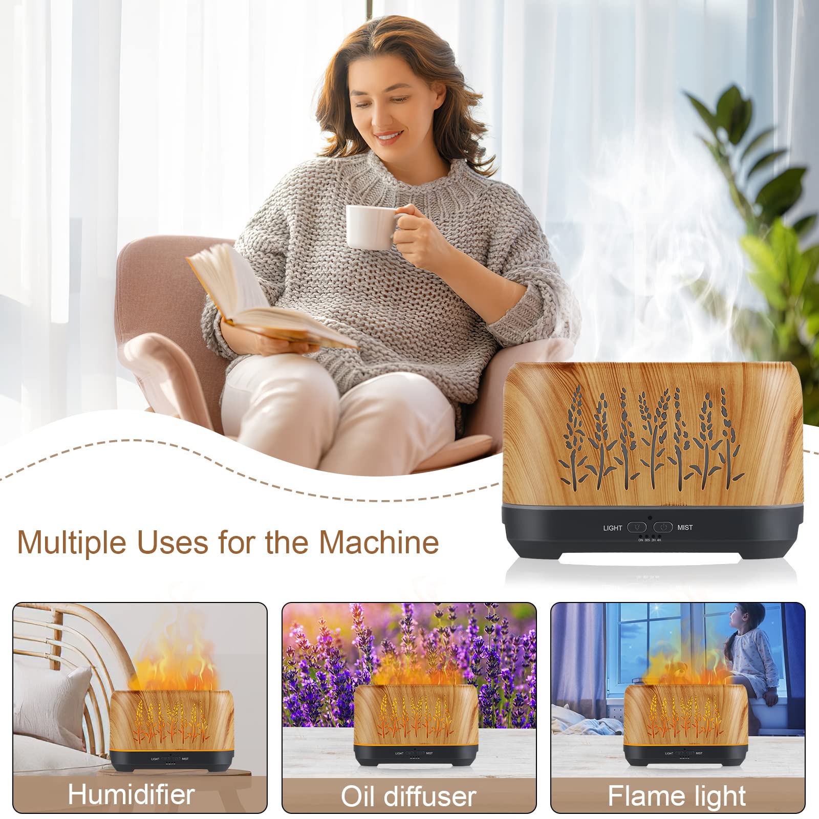 NEWYID 240ml Ultrasonic Essential Oil Diffuser - Flame, 3 Mist Modes, 12H Auto-Off