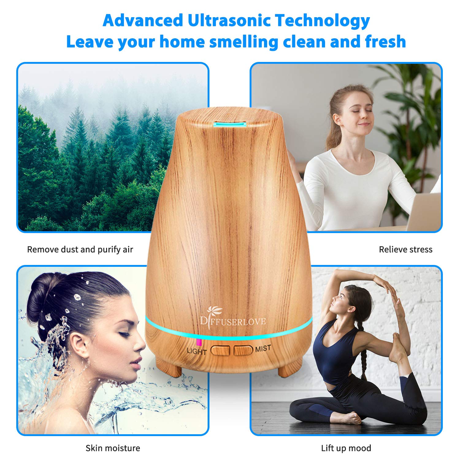 Diffuserlove 200ML Essential Oil Diffuser - Quiet Aroma Diffuser with 7 Color LED Lights, Auto Shut-Off for Bedroom, Office
