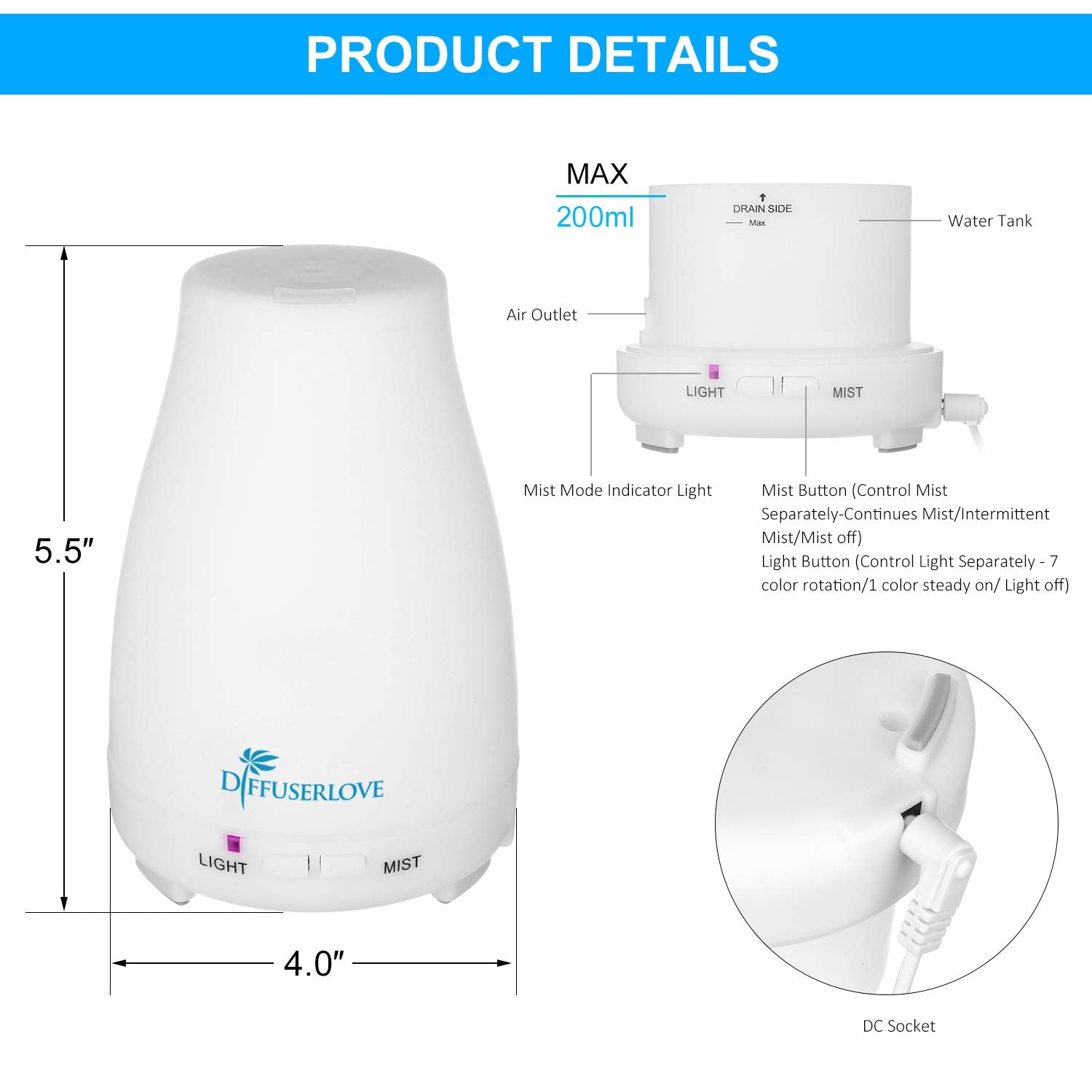 Diffuserlove Diffuser 2 Pack - 200ML Remote Control Ultrasonic Aromatherapy Diffusers