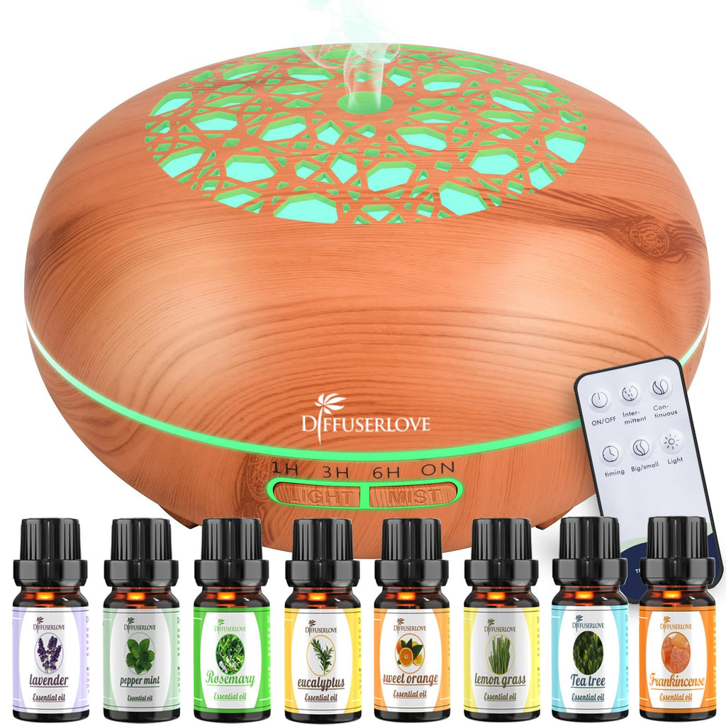Diffuserlove 550ML Essential Oil Diffuser with Remote - Woodgrain, 7-Color LED