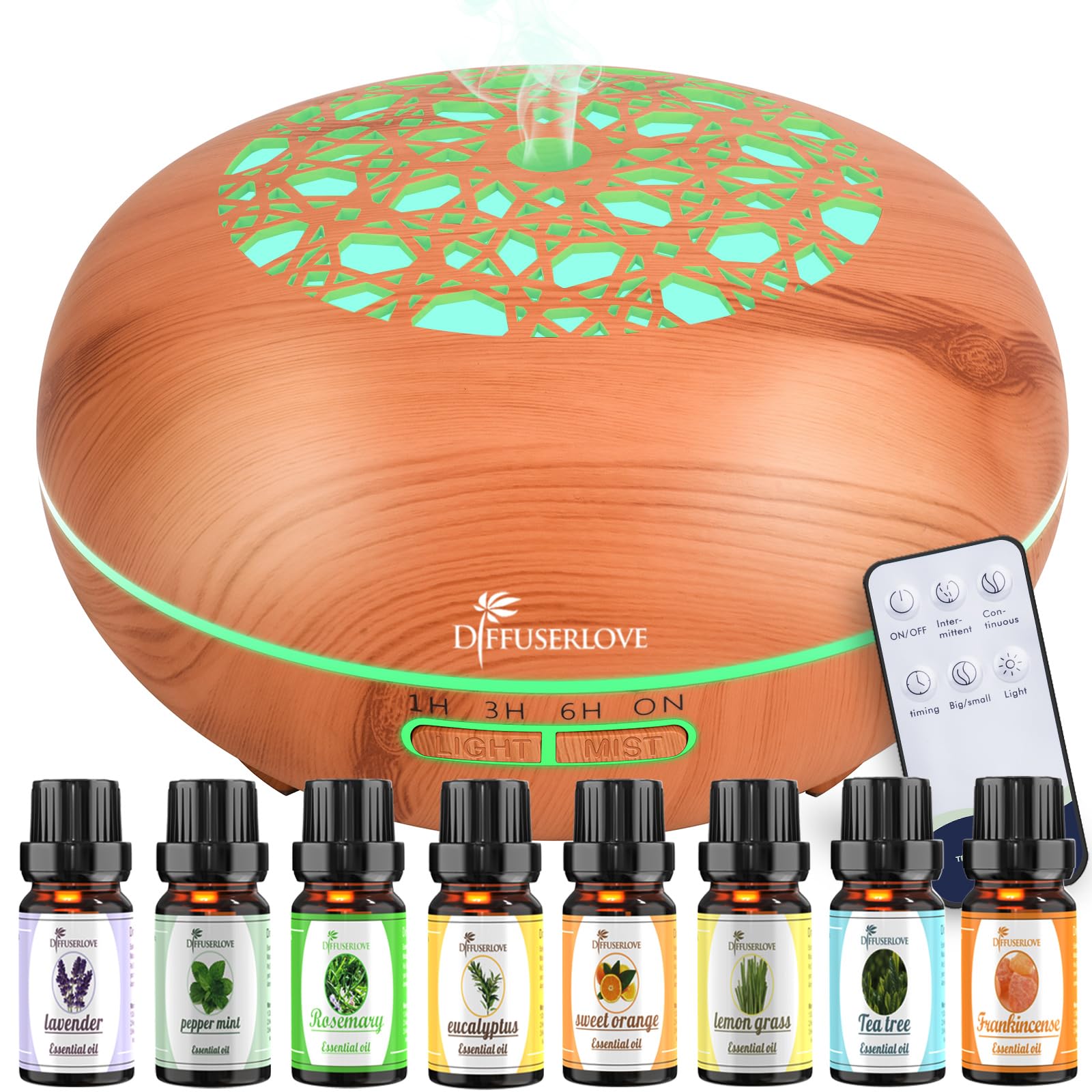 Diffuserlove 550ML Essential Oil Diffuser with Remote - Woodgrain, 7-Color LED