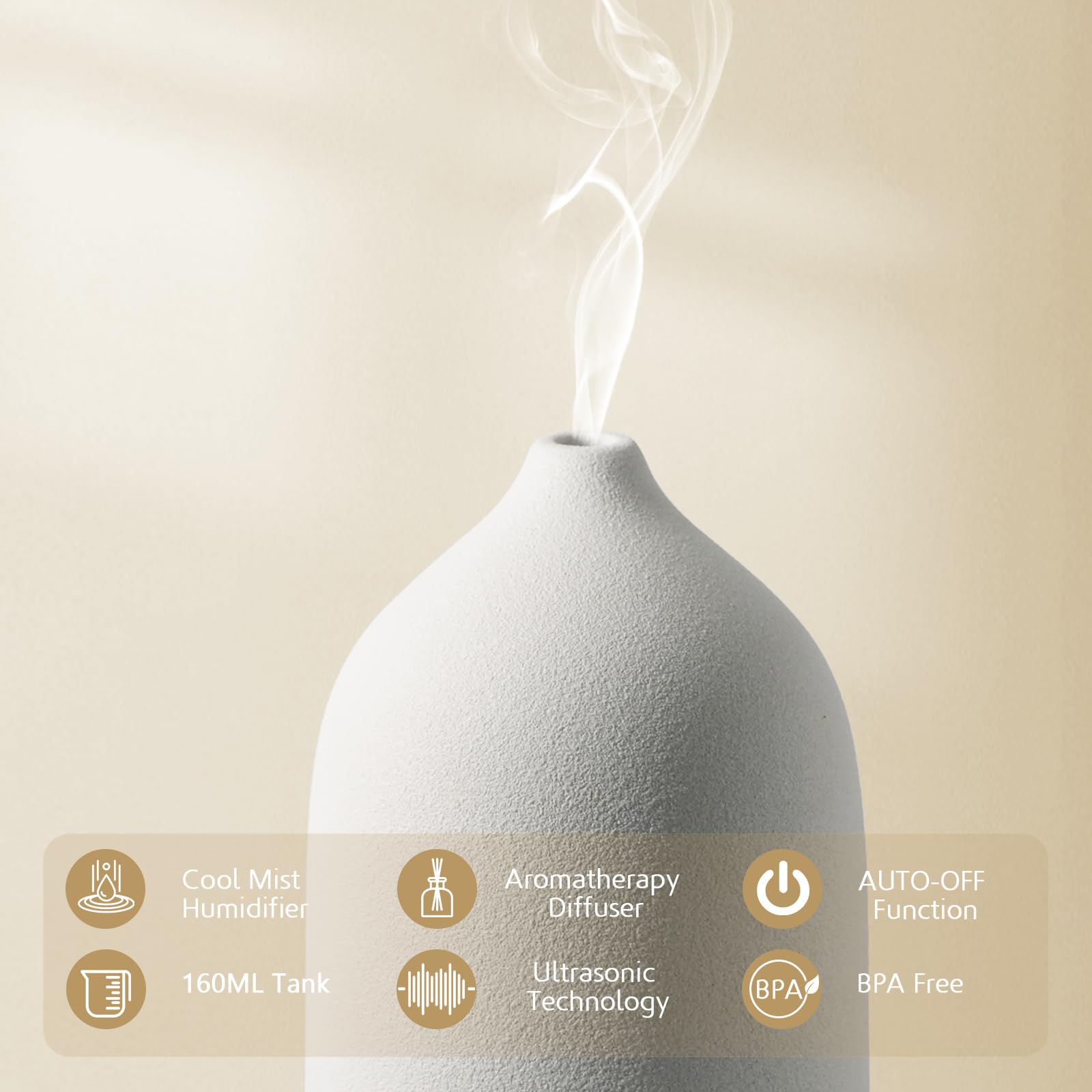 Diffuserlove Ceramic Essential Oil Diffuser 160ML – Auto Shut-Off, 7-Color LED, Quiet Humidifier (Yellow Wood Pattern)