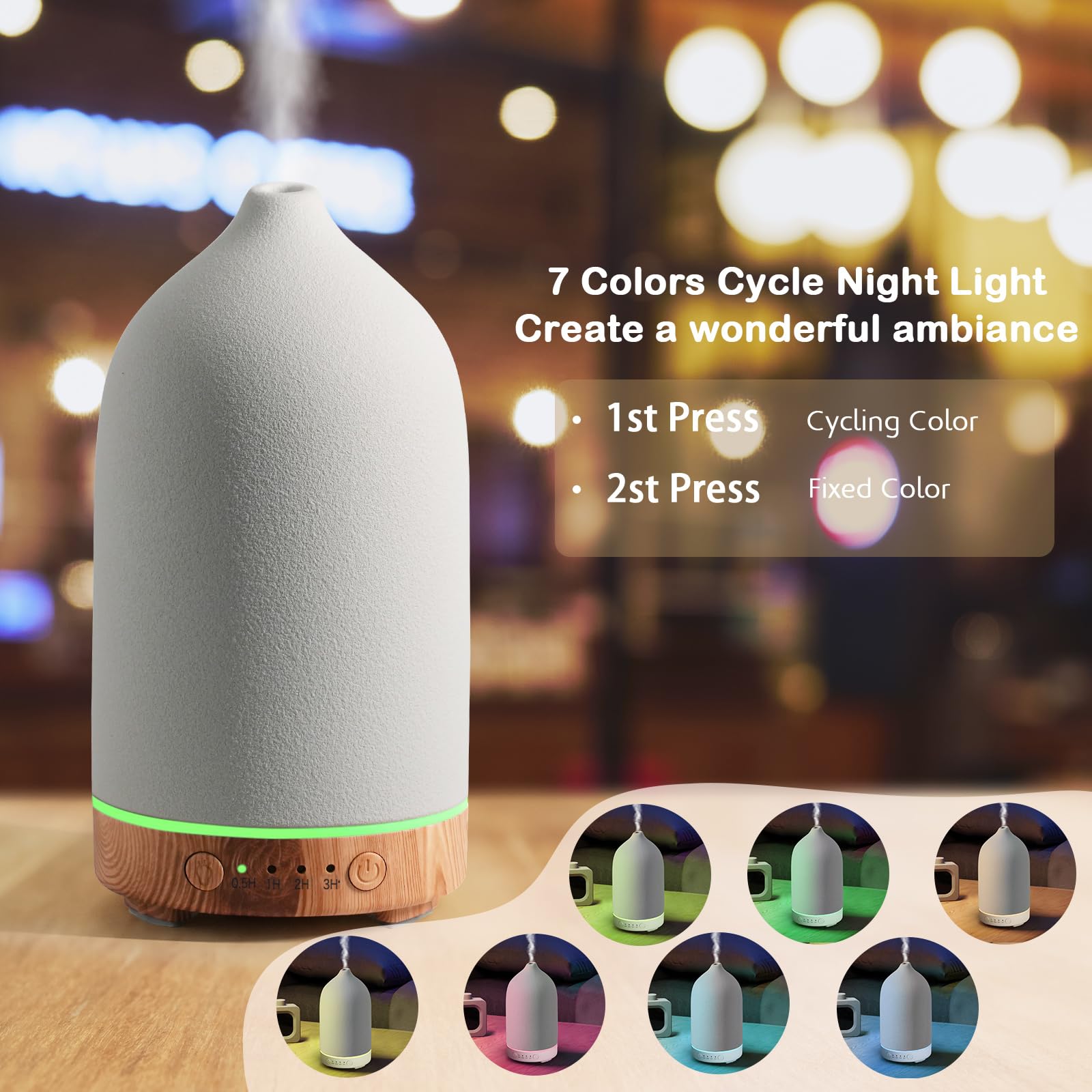 Diffuserlove Ceramic Essential Oil Diffuser 160ML – Auto Shut-Off, 7-Color LED, Quiet Humidifier (Yellow Wood Pattern)