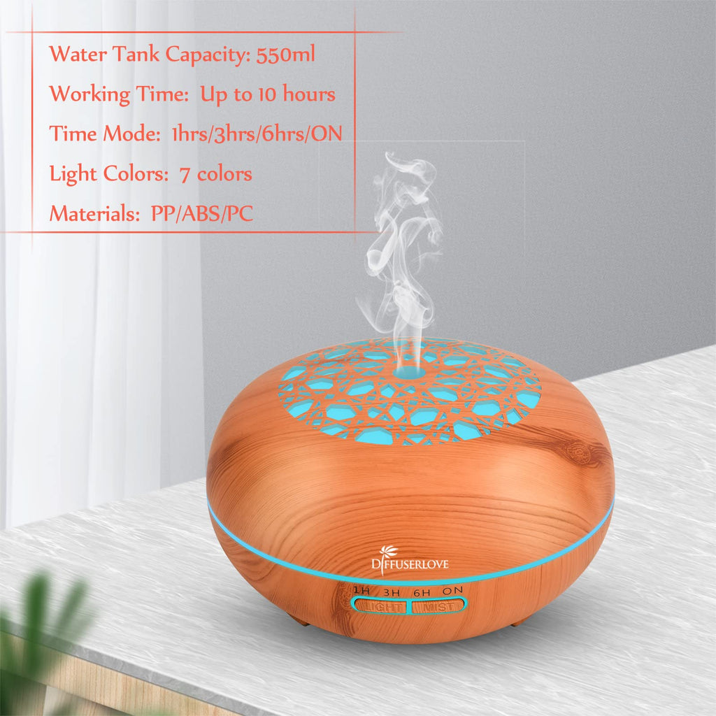 Diffuserlove 550ML Essential Oil Diffuser with Remote - Woodgrain, 7-Color LED