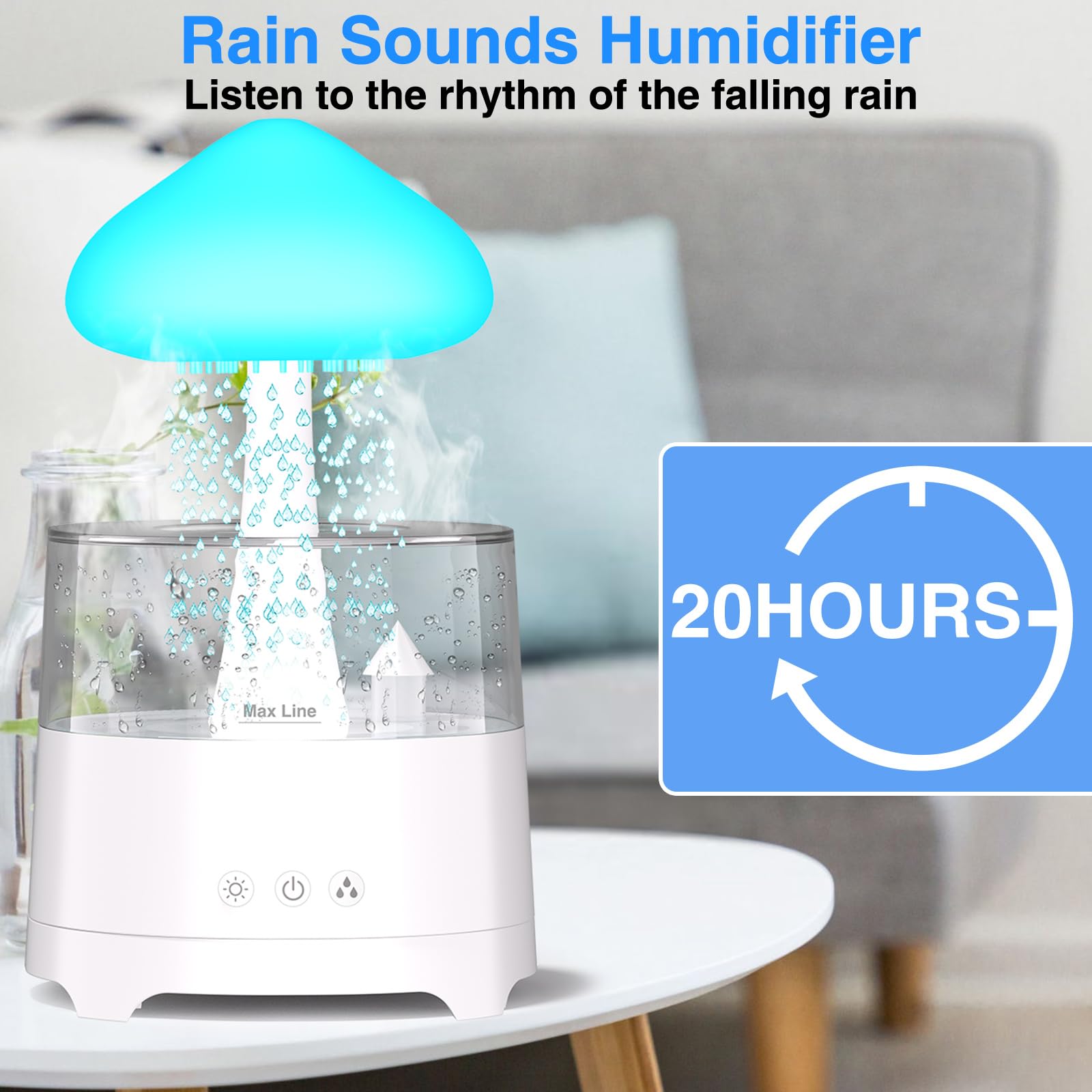 Diffuserlove Rain Diffuser 450ML – Cloud Humidifier with Rain Sounds, Remote Control, RGB Lamp (6.54''x10.5'')