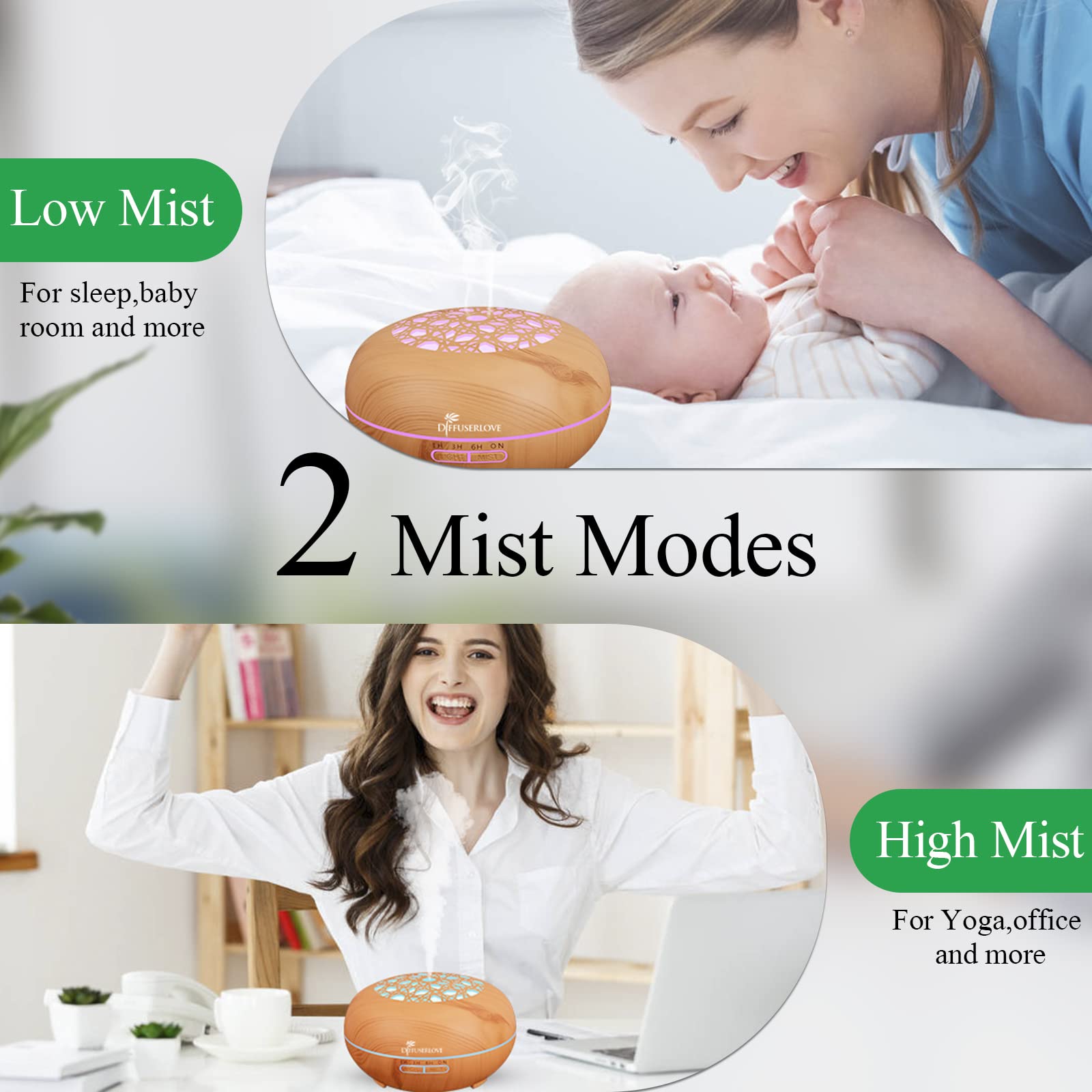 Diffuserlove 550ML Essential Oil Diffuser with Remote - Woodgrain, 7-Color LED