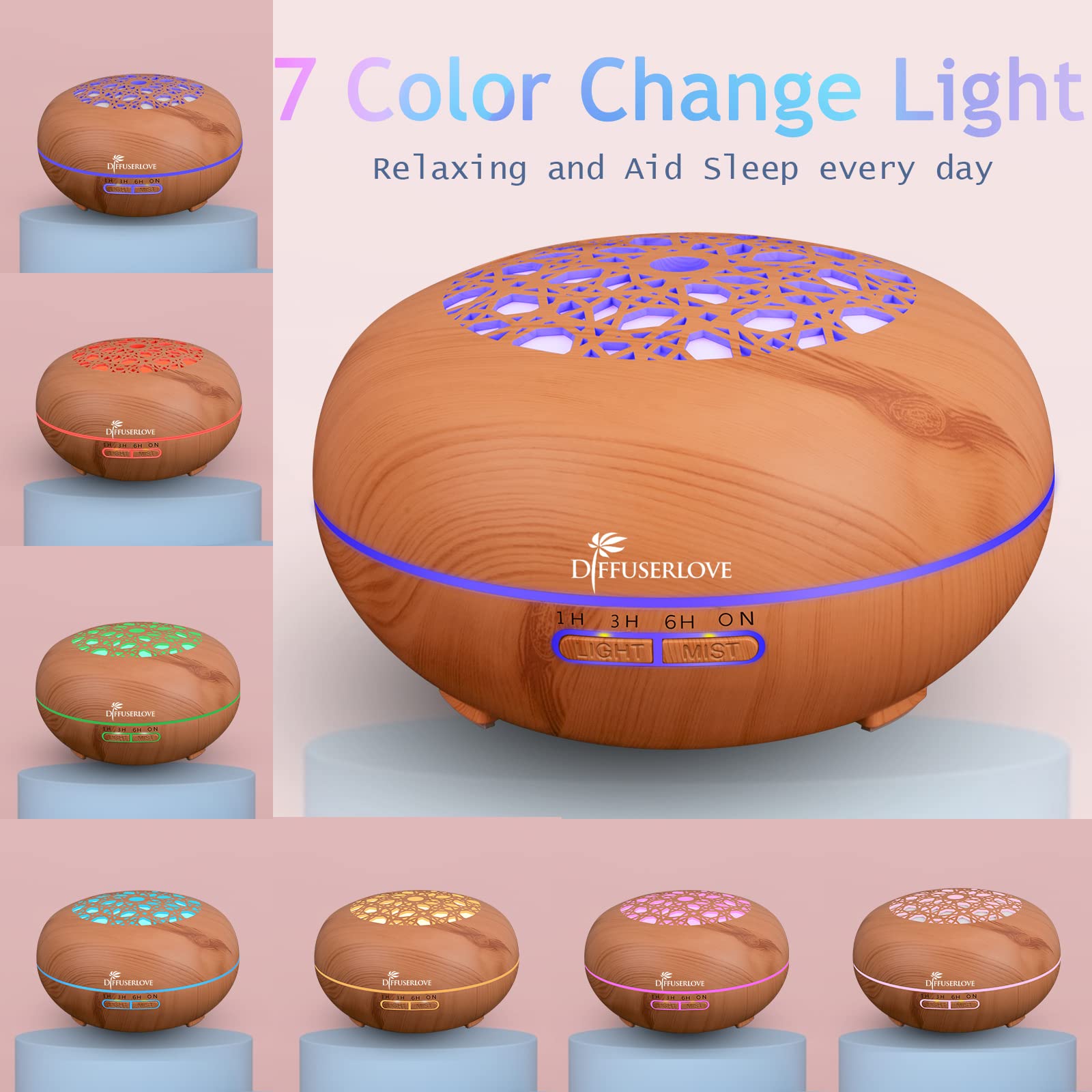 Diffuserlove 550ML Essential Oil Diffuser with Remote - Woodgrain, 7-Color LED