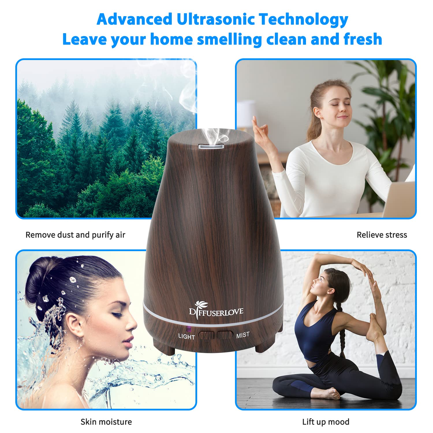 Diffuserlove 200ML Essential Oil Diffuser with Remote - 7 Color Lights, Auto Shut-Off, Black Wood Grain