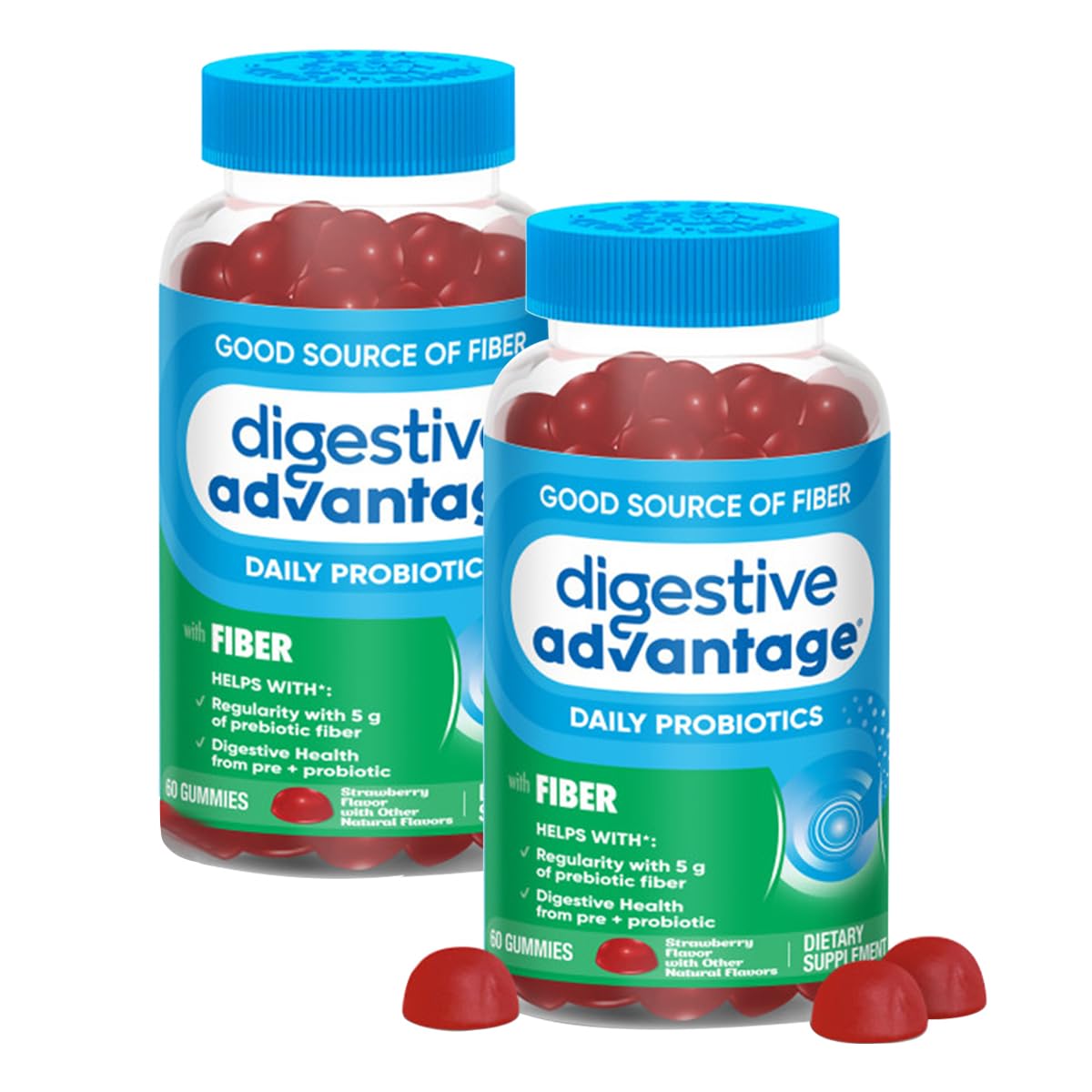 Digestive Advantage Strawberry Prebiotic Fiber Gummies with Probiotics – 60 Count 2-Pack