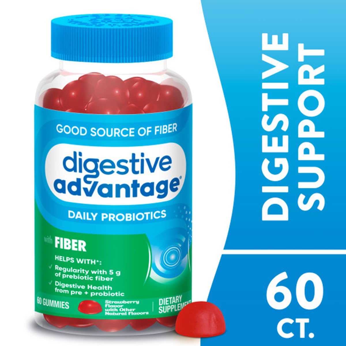 Digestive Advantage Strawberry Prebiotic Fiber Gummies with Probiotics – 60 Count 2-Pack