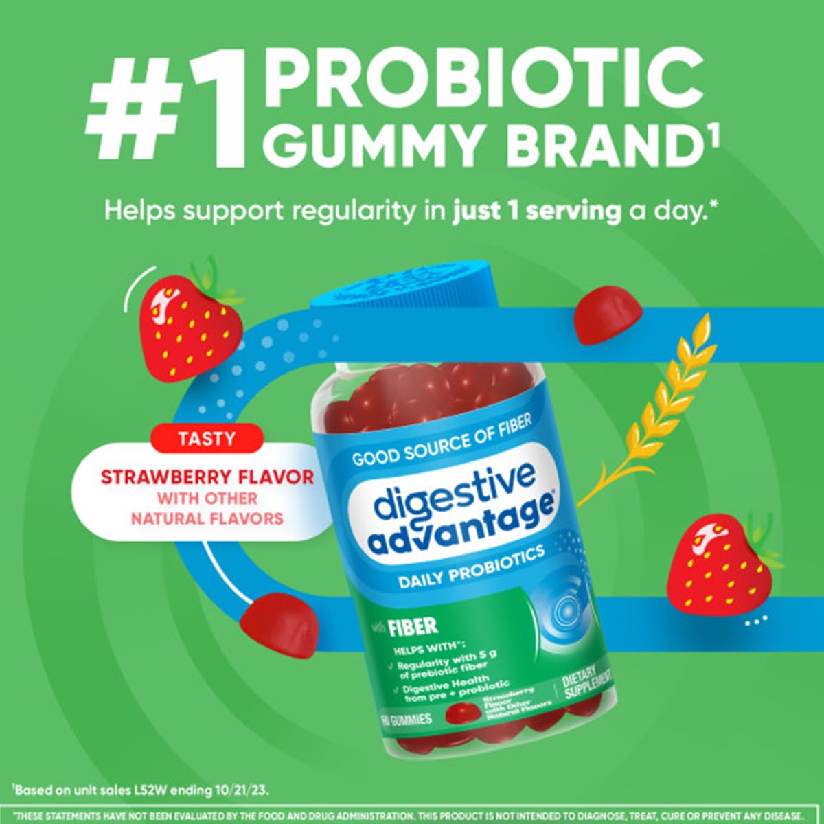 Digestive Advantage Strawberry Prebiotic Fiber Gummies with Probiotics – 60 Count 2-Pack
