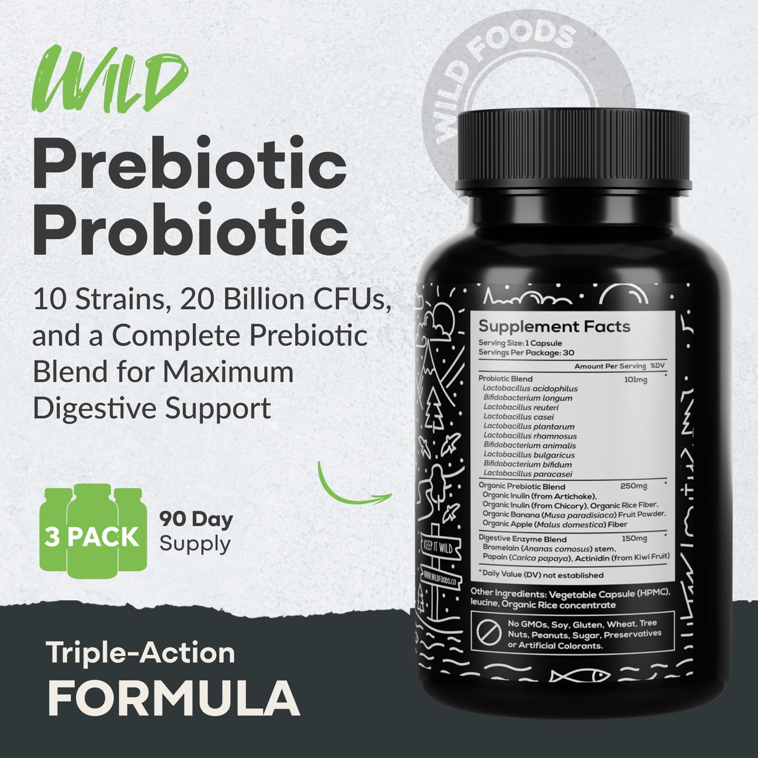 Wild Prebiotics & Probiotics with Digestive Enzymes – 20B CFU, 10 Strains, for Women & Men, 30 Count (Pack of 2)