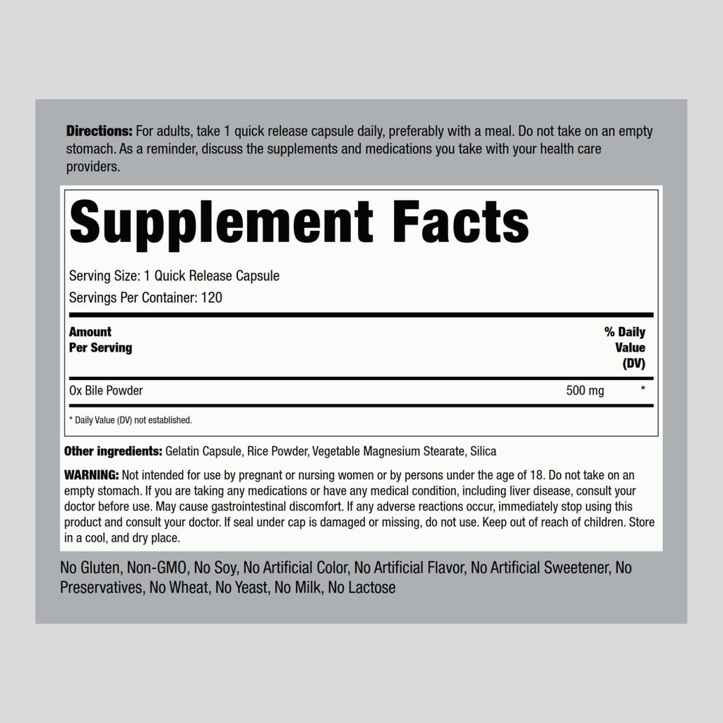 Piping Rock Ox Bile Supplement 500mg – 120 Capsules | Gluten Free & Non-GMO
