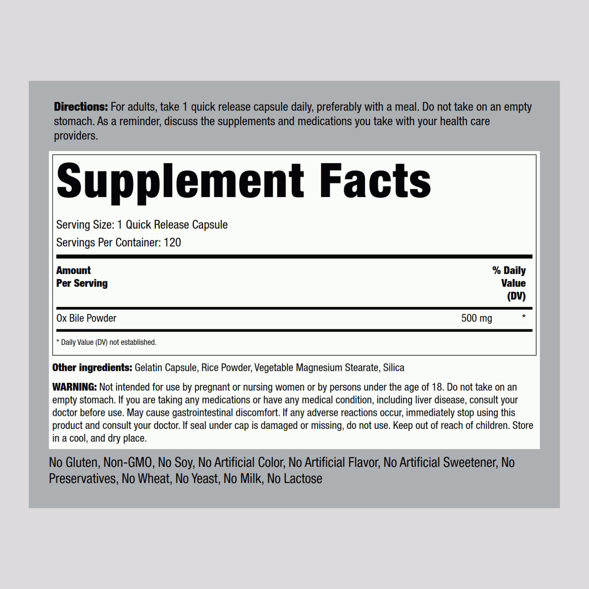 Piping Rock Ox Bile Supplement 500mg – 120 Capsules | Gluten Free & Non-GMO