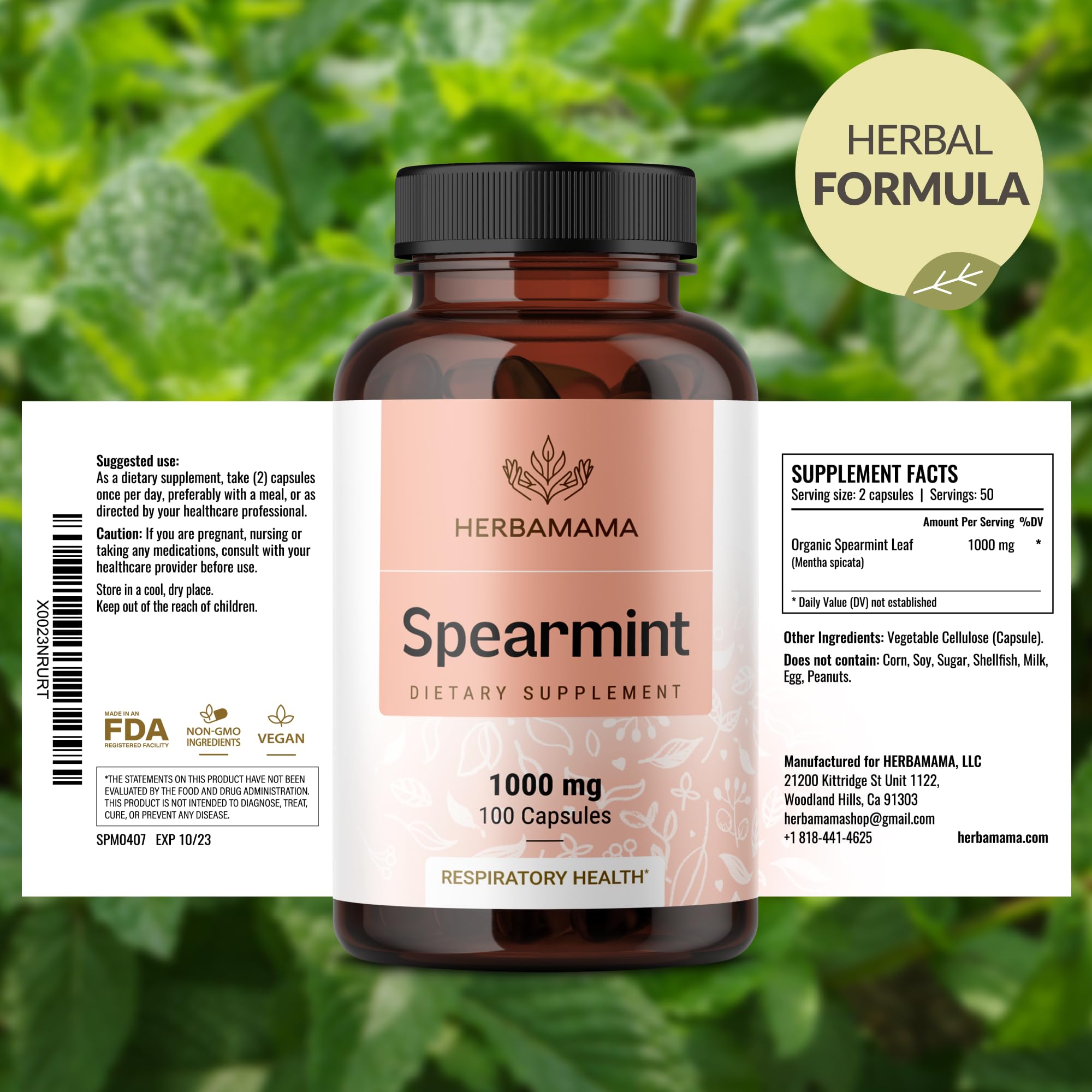 HERBAMAMA Spearmint Leaf Capsules - 1000mg Spearmint Leaves for Gut Cleanse & Digestive Support | Vegan, Non-GMO Mentha Spicata