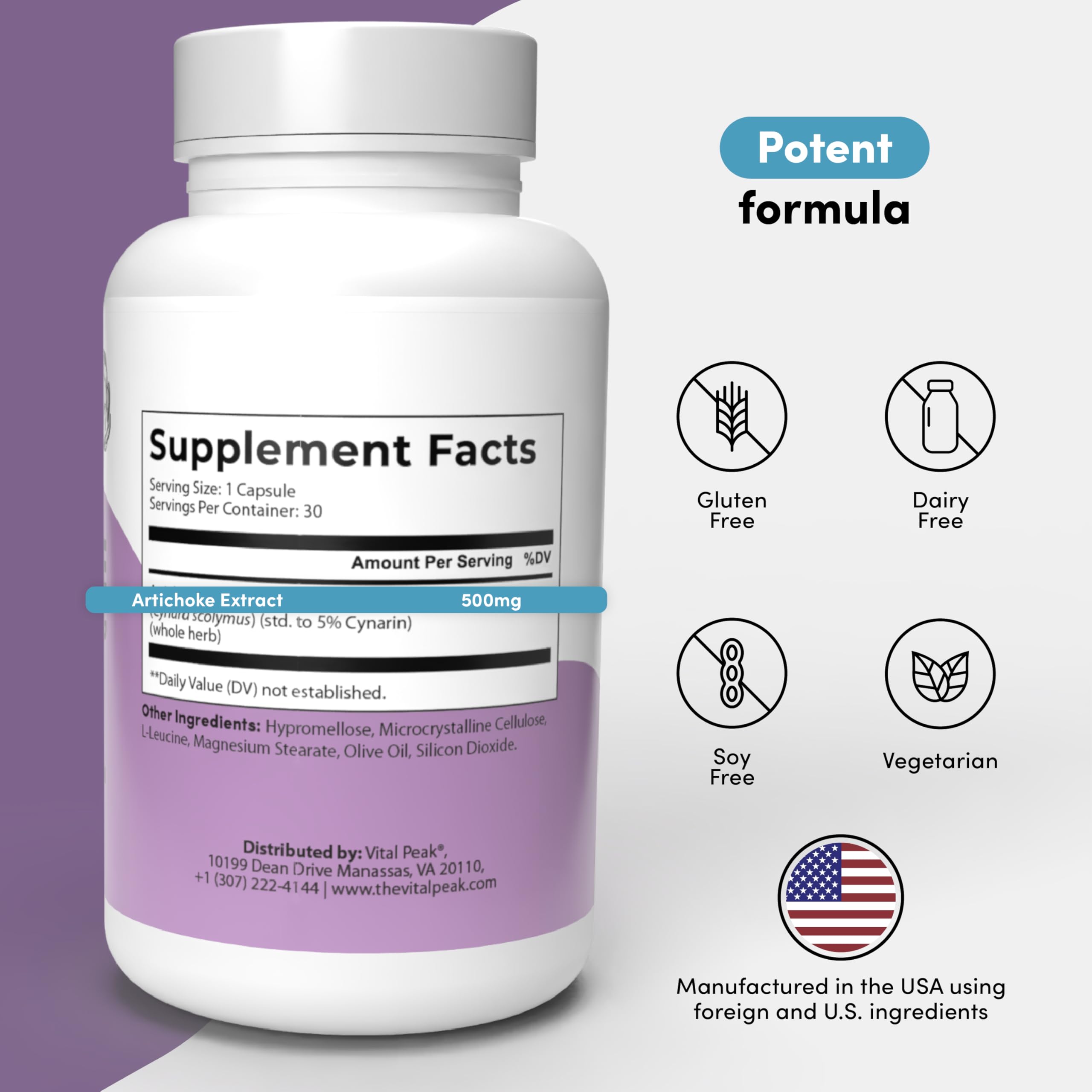 Vital Peak Artichoke 500 mg - Liver Health & Digestive Support (30 Capsules)
