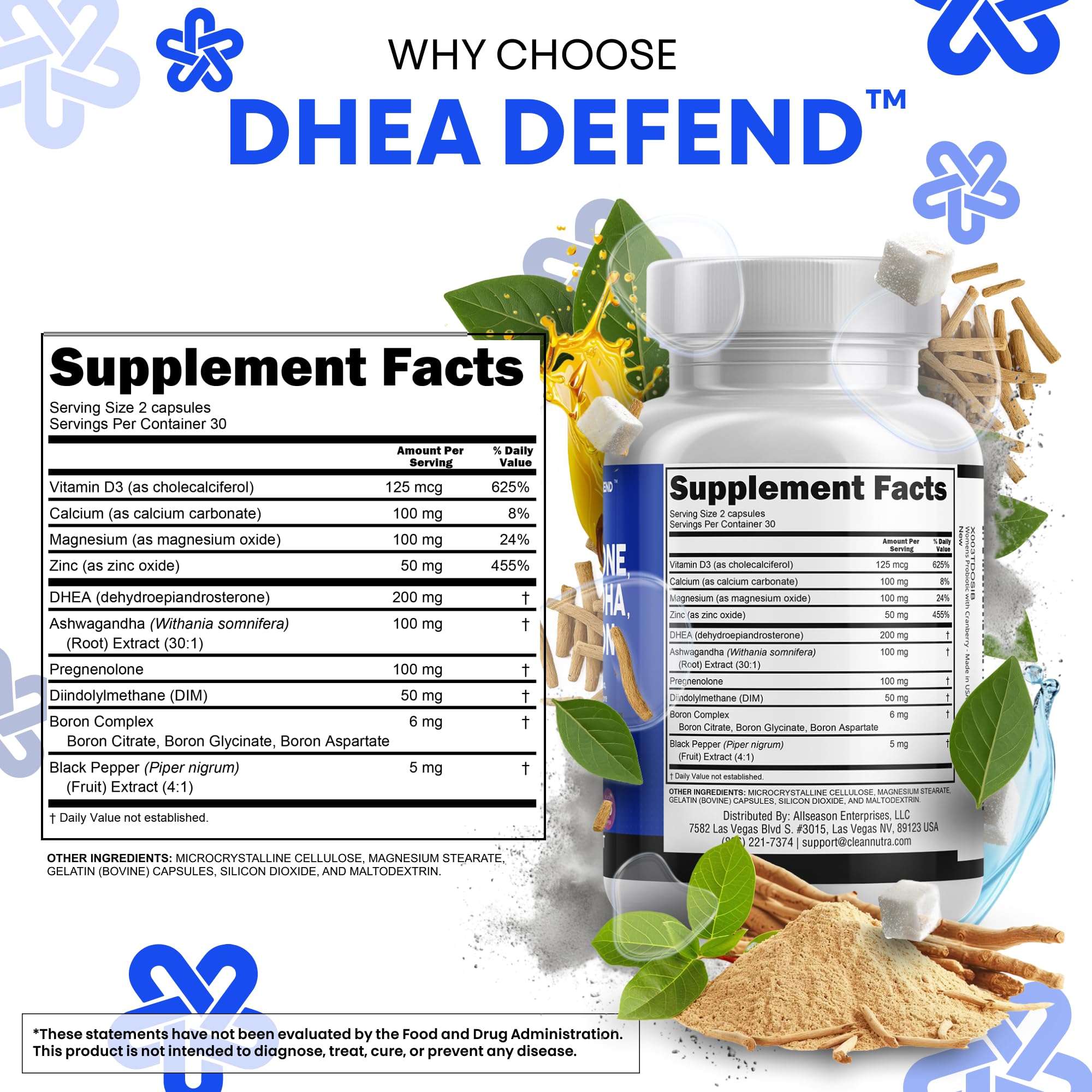 DHEA 200mg & Pregnenolone 100mg Supplement for Men & Women – DIM, Ashwagandha, Boron 6mg, Calcium Magnesium Zinc, Vitamin D3 5000 IU | Made in USA 60 Ct
