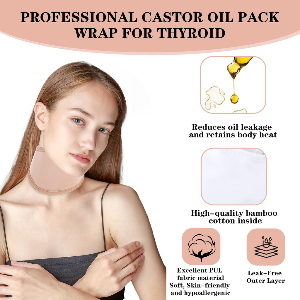 Dimeho Thyroid Castor Oil Neck Wrap - 2 Pack Organic Castor Oil Packs for Thyroid Neck (Khaki & White)