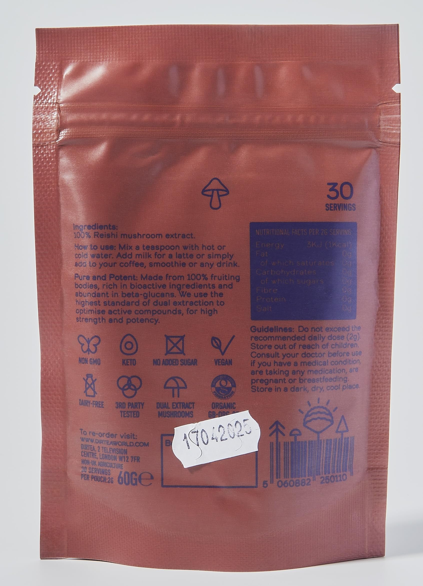 DIRTEA Reishi Mushroom Powder - 60g | 2,000mg per Serving | Organic, Vegan & Non-GMO | Sleep, Immune & Stress Support