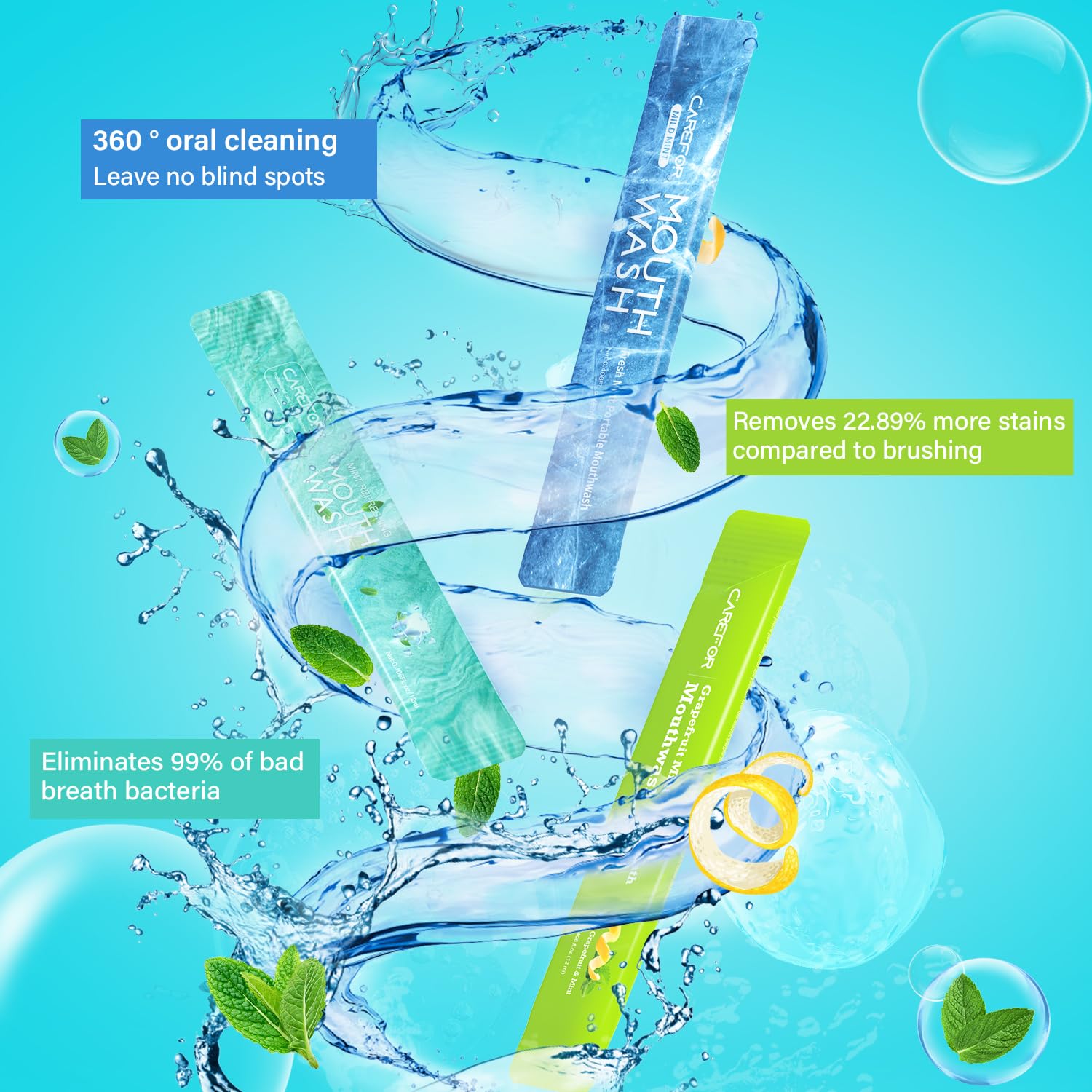 Travel Size Mouthwash – 20 Portable Packets, Alcohol & Fluoride Free, 3 Flavors