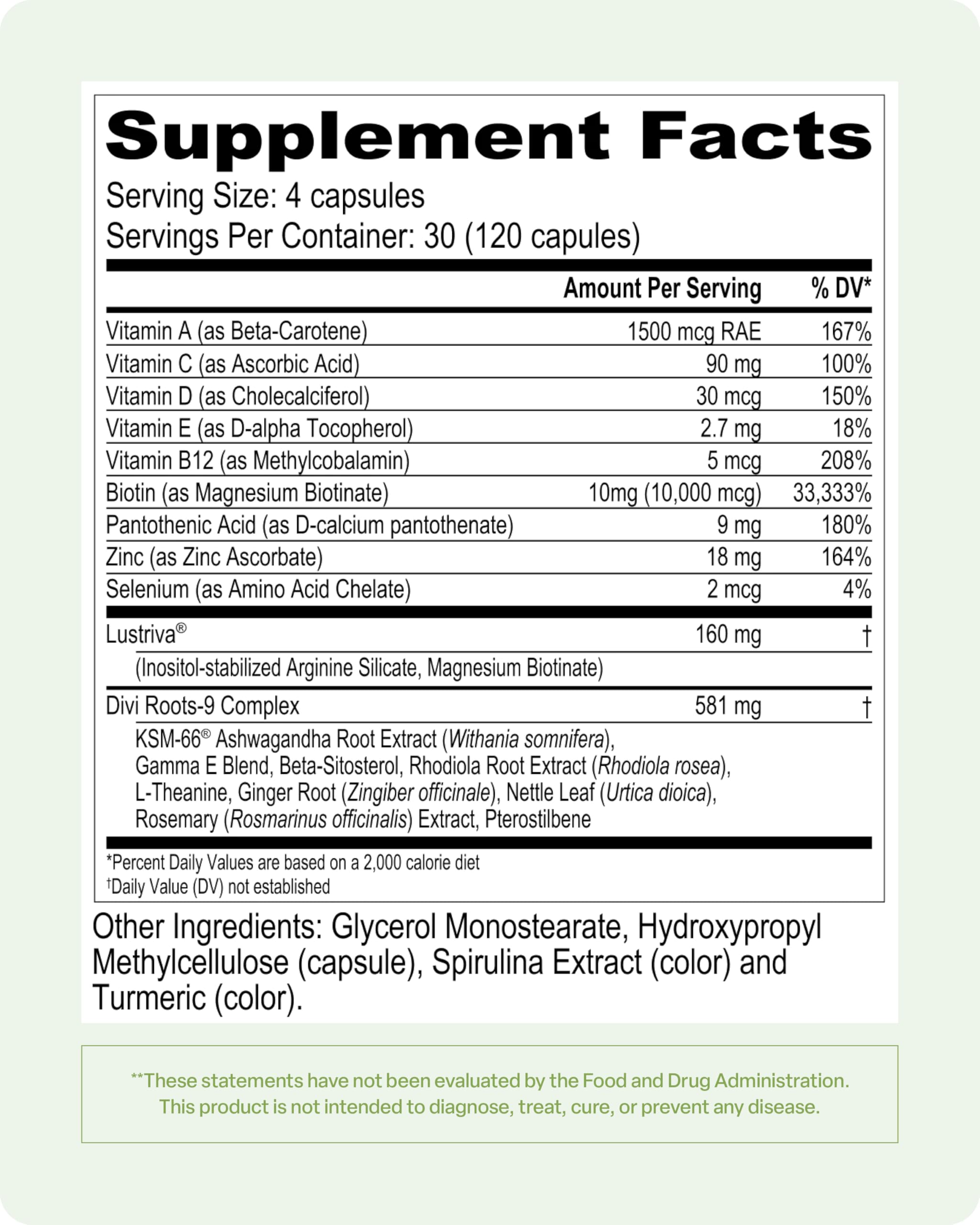 Divi Hair Vitamins for Women & Men – Biotin, Lustriva, 120 Count (30-Day Supply)