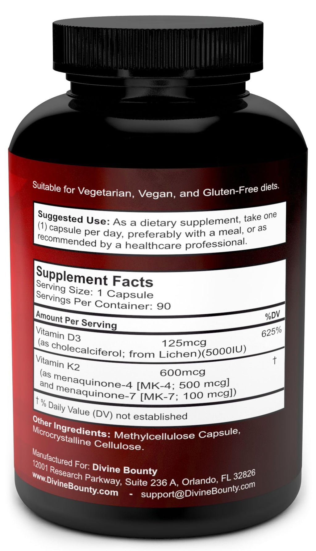 Divine Bounty Vitamin K2 + D3 (MK7 & MK4) – 90 Vegetarian Capsules
