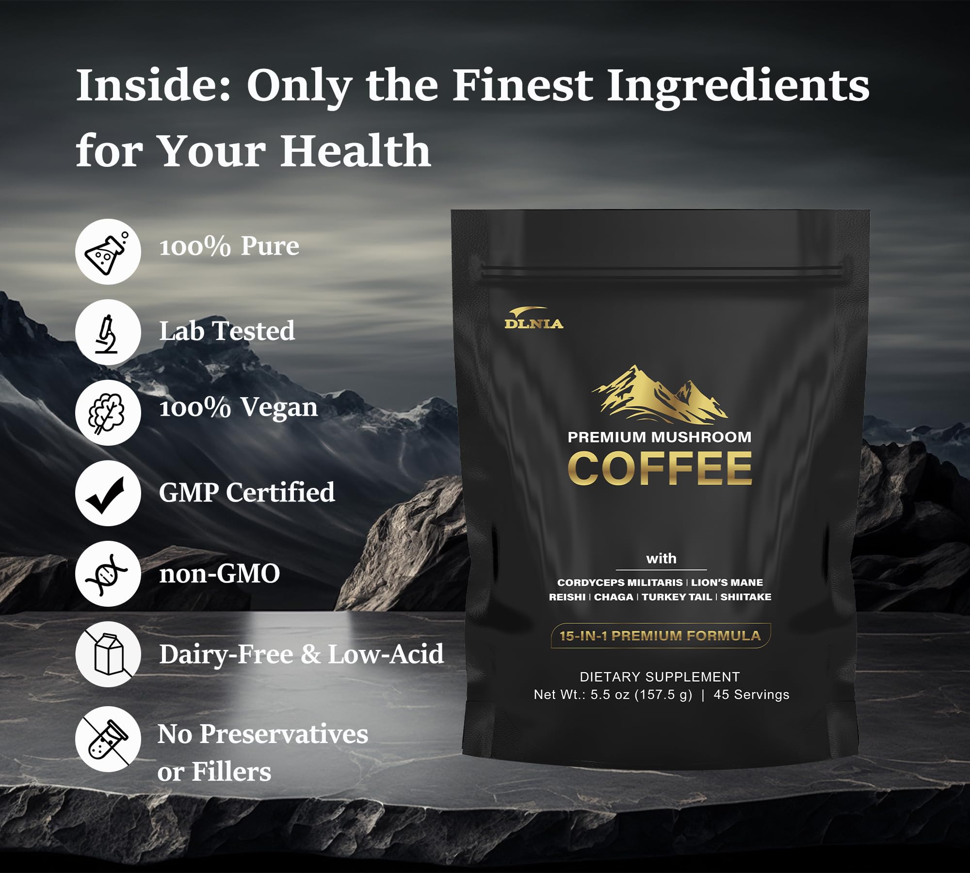 DLNIA Organic Mushroom Coffee with 12 Adaptogenic Mushrooms - Cordyceps, Lion's Mane & Turkey Tail