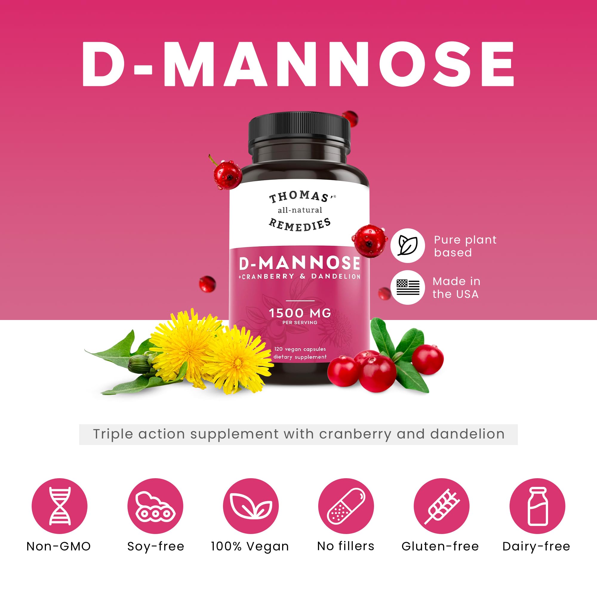 Thomas' All-Natural D-Mannose 1200mg with Cranberry & Dandelion | UTI Health Support | Vegan