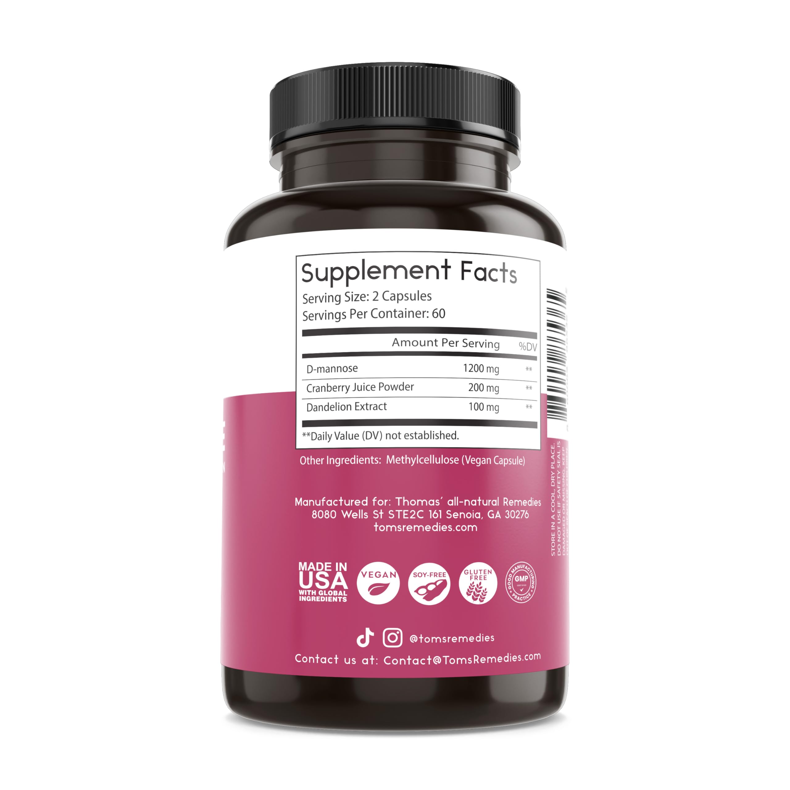 Thomas' All-Natural D-Mannose 1200mg with Cranberry & Dandelion | UTI Health Support | Vegan