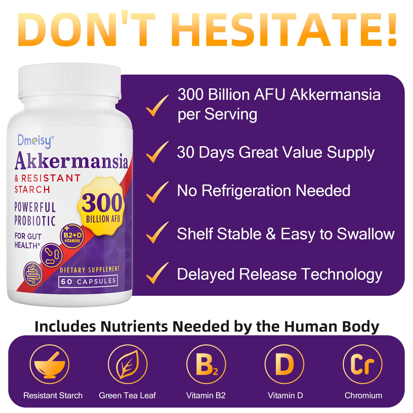 Dmeisy Akkermansia Muciniphila Supplement – 300B AFU Probiotic for Gut Health | 120 Count