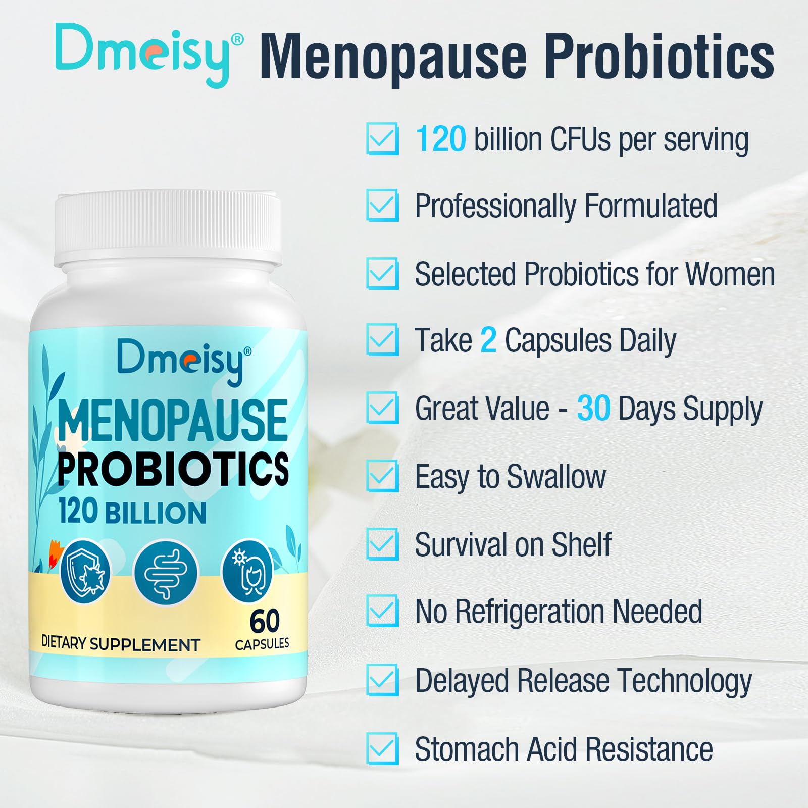 Dmeisy Menopause Probiotic 120B CFU - 13-in-1 Herbal Complex, 60 Capsules