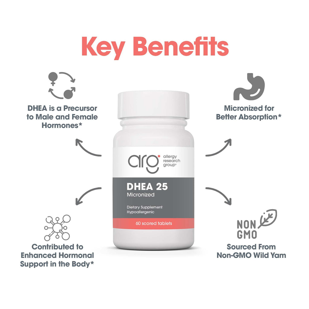 DHEA 25mg Supplement – Allergy Research Group | Hormone Support, Hypoallergenic, Soy-Free (60 Count)