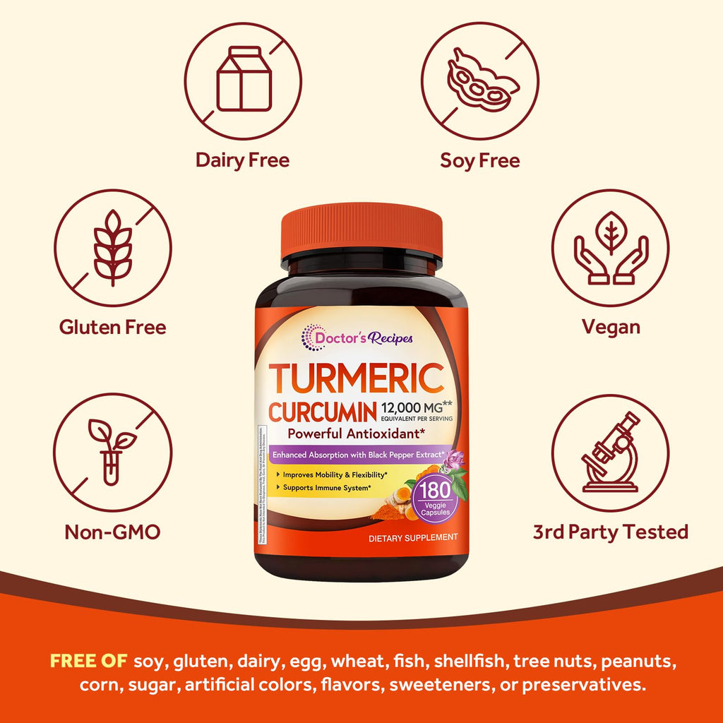 Doctor's Recipes Turmeric Curcumin 12000 mg | High Absorption 95% Curcuminoids | Vegan, Non-GMO, 180 Caps
