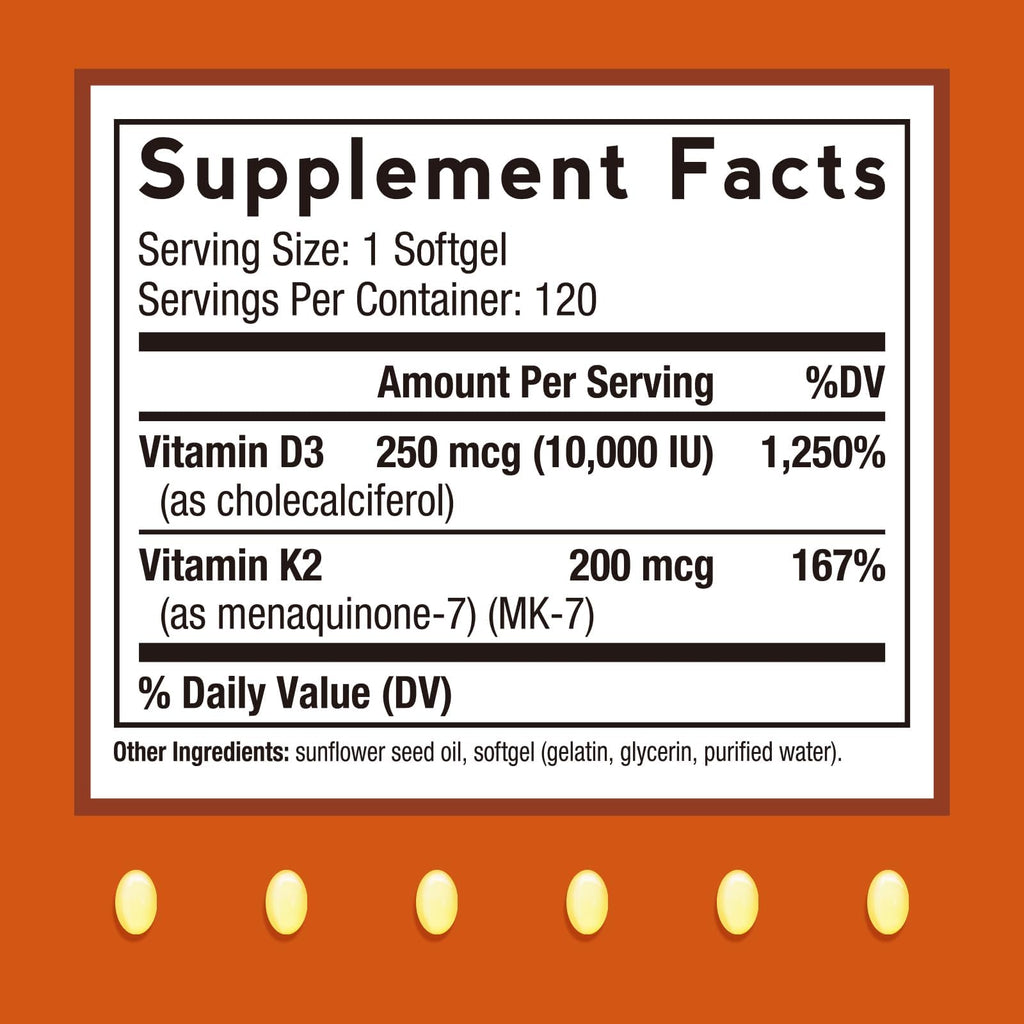 Vitamin D3 + K2 10,000 IU MK-7 – Doctor's Recipes, 120 Softgels