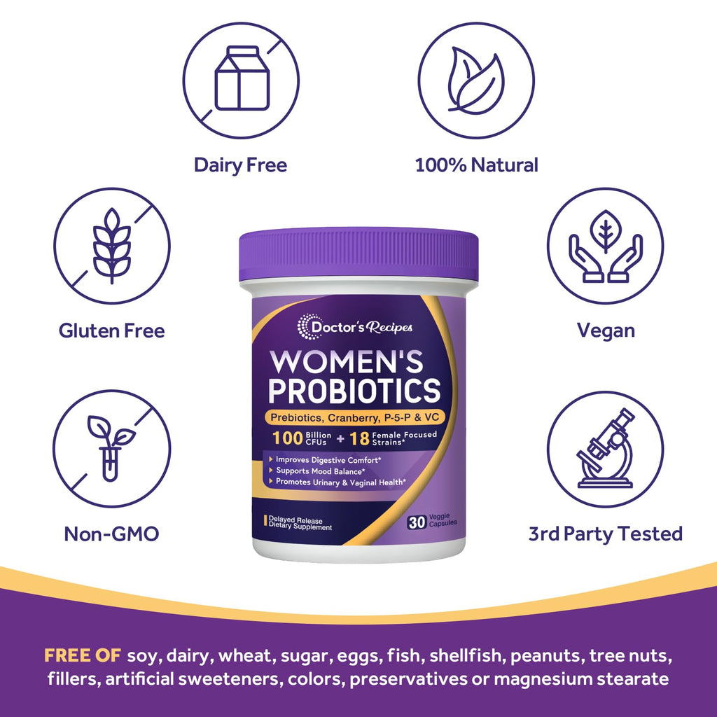 Doctor's Recipes Probiotics for Women – 100 Billion CFU, 18 Strains, Shelf-Stable