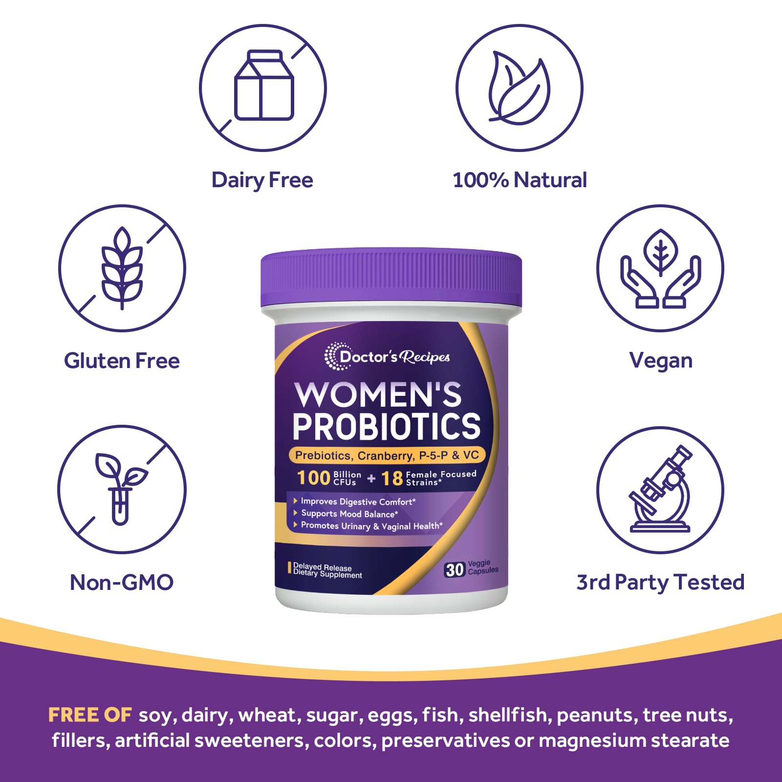 Doctor's Recipes Probiotics for Women – 100 Billion CFU, 18 Strains, Shelf-Stable
