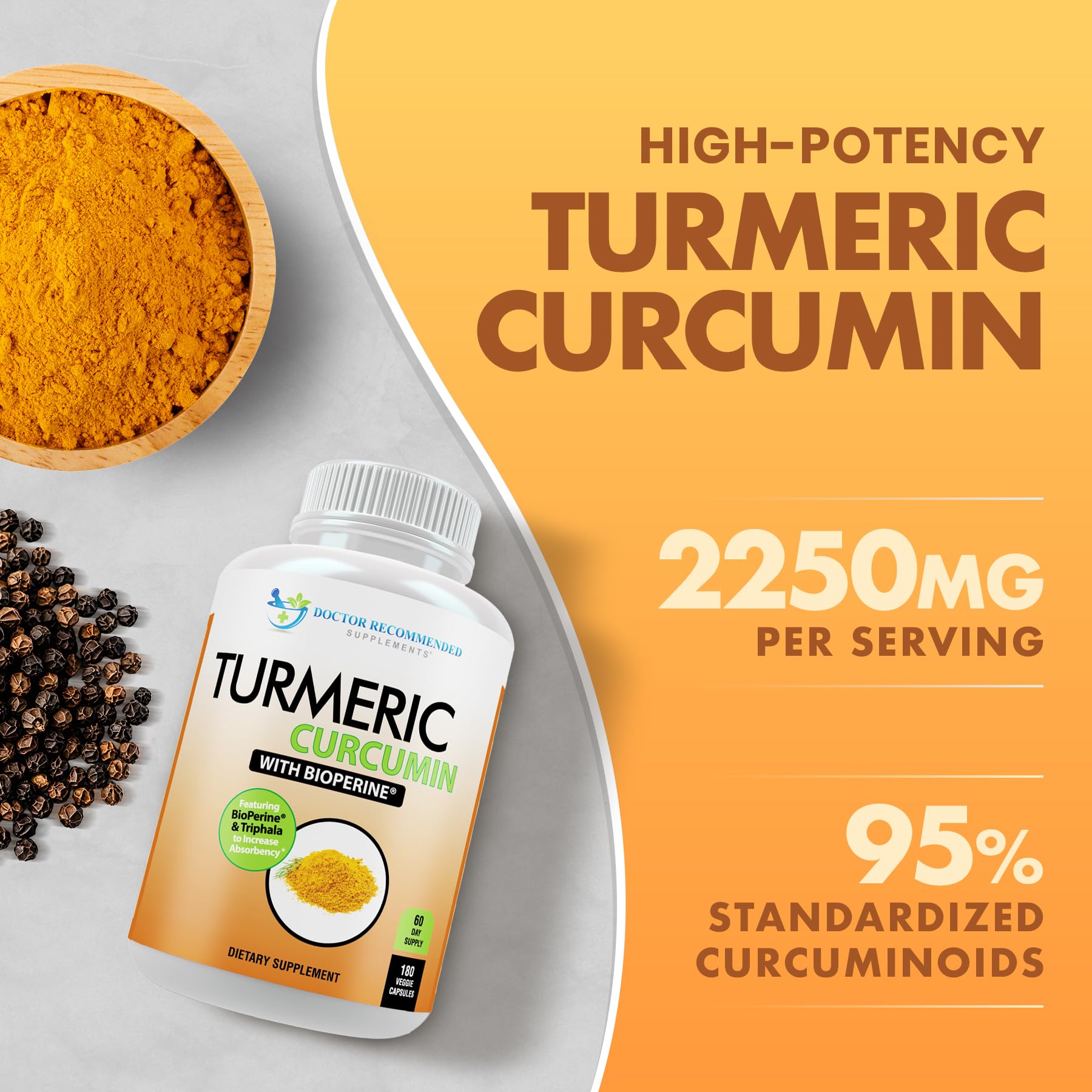 Turmeric Curcumin 2250mg/day — Bioperine Veggie Caps — 100% Organic | Pack of 3 | Doctor Recommended Supplements
