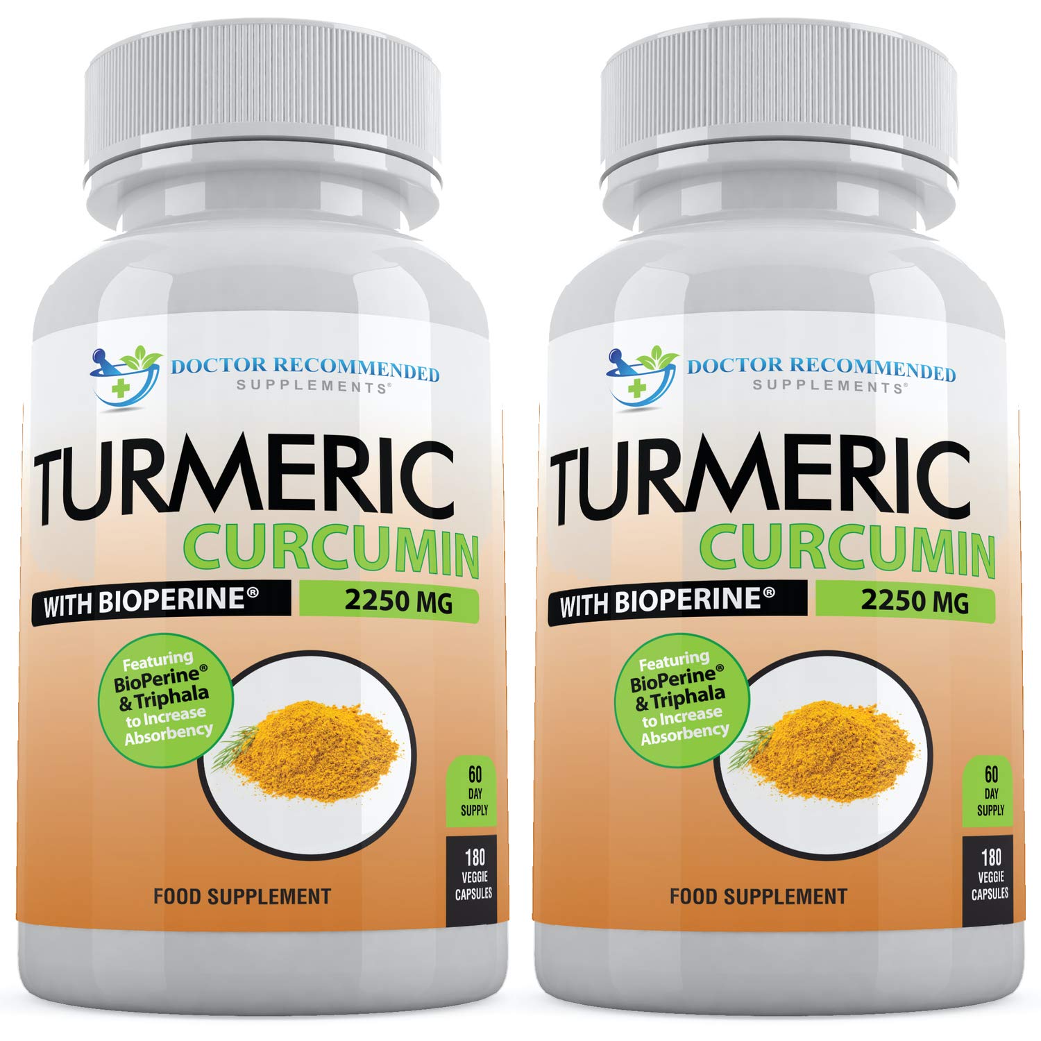 DOCTOR RECOMMENDED SUPPLEMENTS Turmeric Curcumin with Bioperine – 360 Veggie Capsules, 2250mg, 95% Curcuminoids (Pack of 2)
