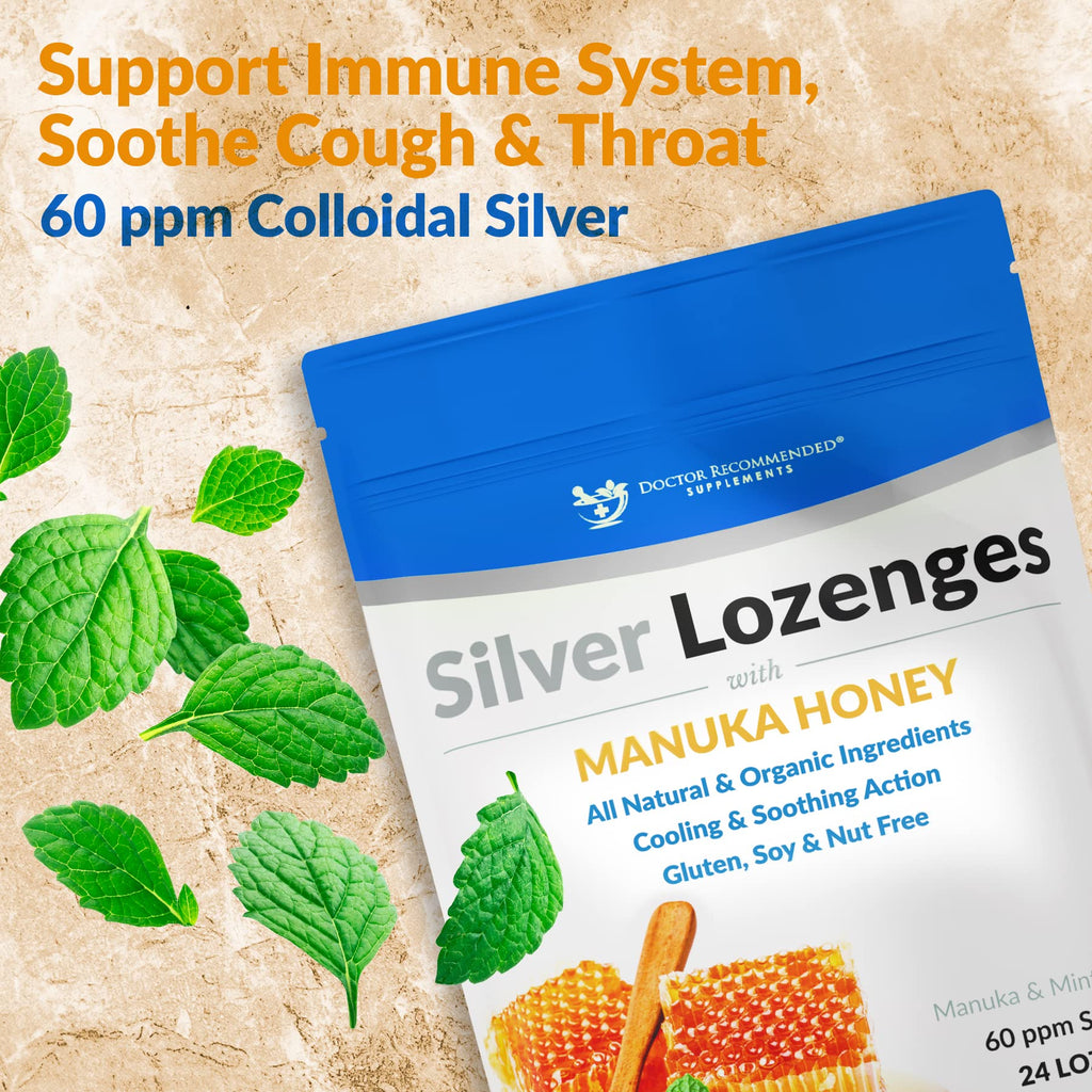 Silver Lozenges with Manuka Honey & Vitamin C – Nano Silver 60 PPM, 45-50mcg, 24 Lozenges