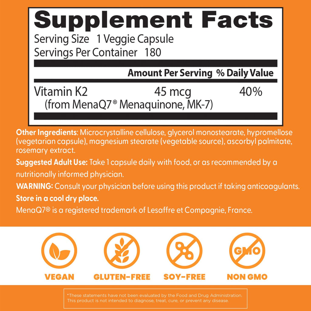 Doctor's Best Natural Vitamin K2 MK-7 Capsule (180 Ct) – Bone Health & Soft Tissue Elasticity