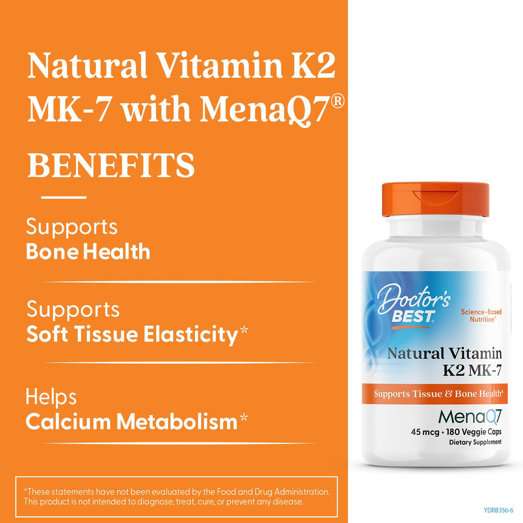Doctor's Best Natural Vitamin K2 MK-7 Capsule (180 Ct) – Bone Health & Soft Tissue Elasticity