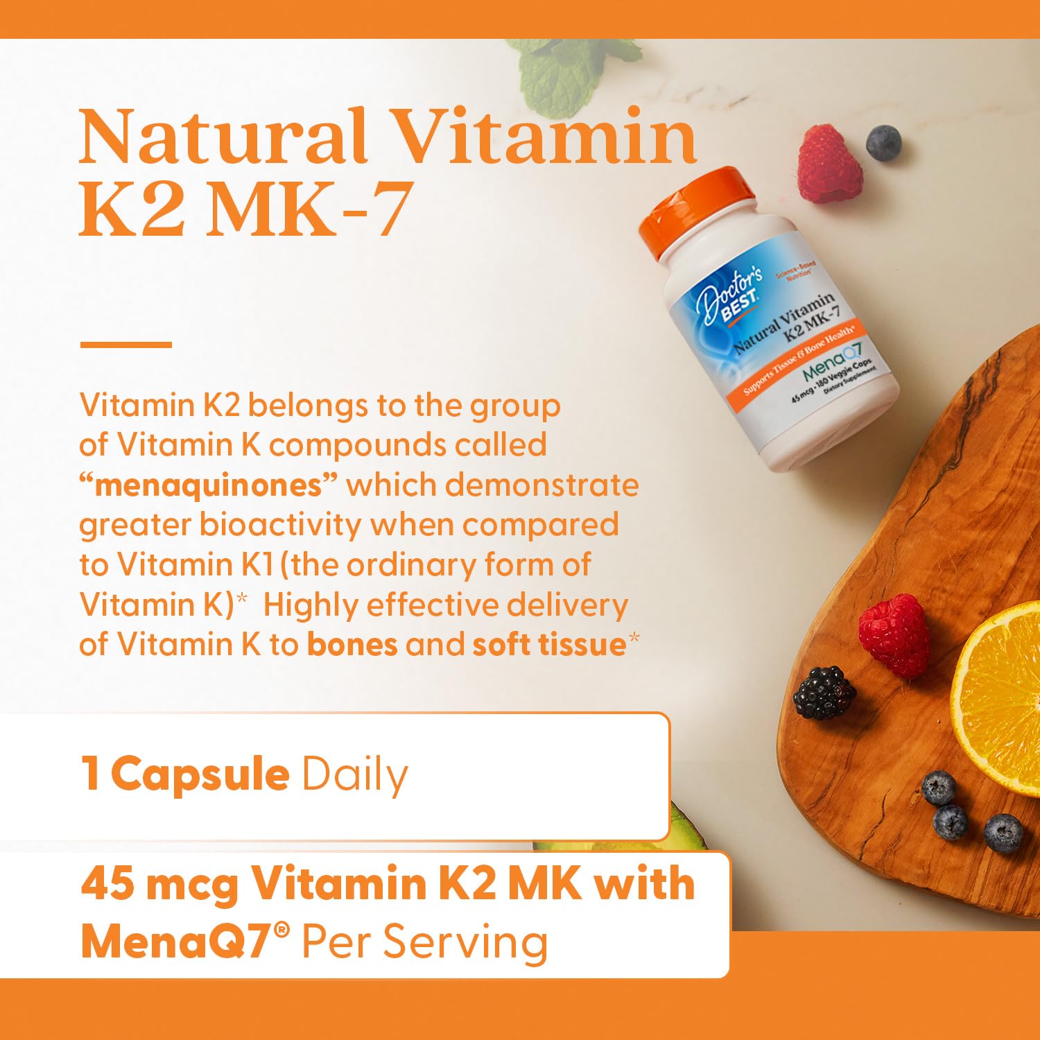 Doctor's Best Natural Vitamin K2 MK-7 Capsule (180 Ct) – Bone Health & Soft Tissue Elasticity