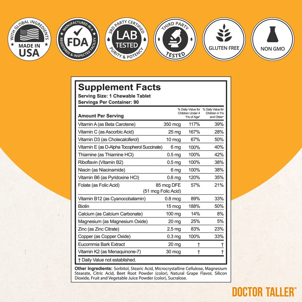 Doctor Taller Kids - Multivitamins for Ages 2-9 (Grape) | Calcium, Immunity Support, 90 Chewables