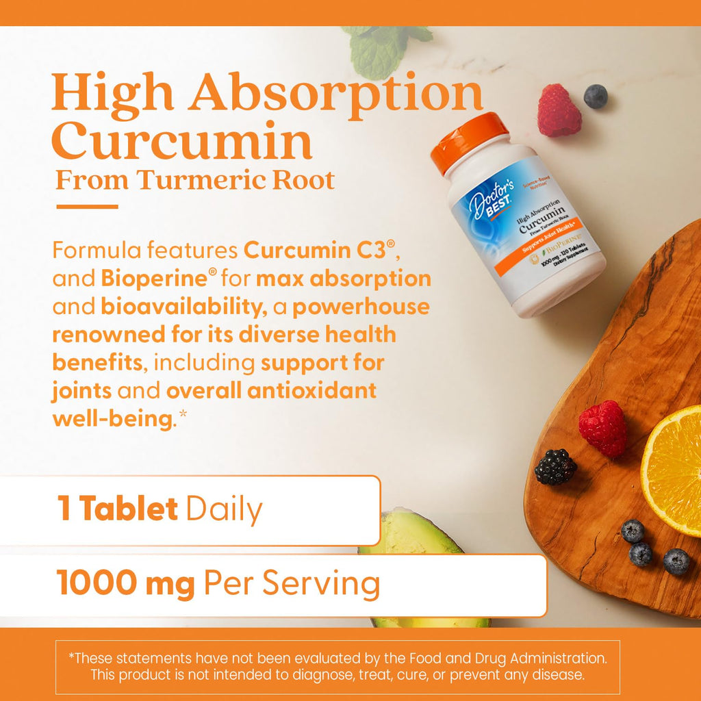 Doctor's Best Curcumin from Turmeric Root with C3 Complex & BioPerine - 1000 mg, 120 Tablets | Joint Support