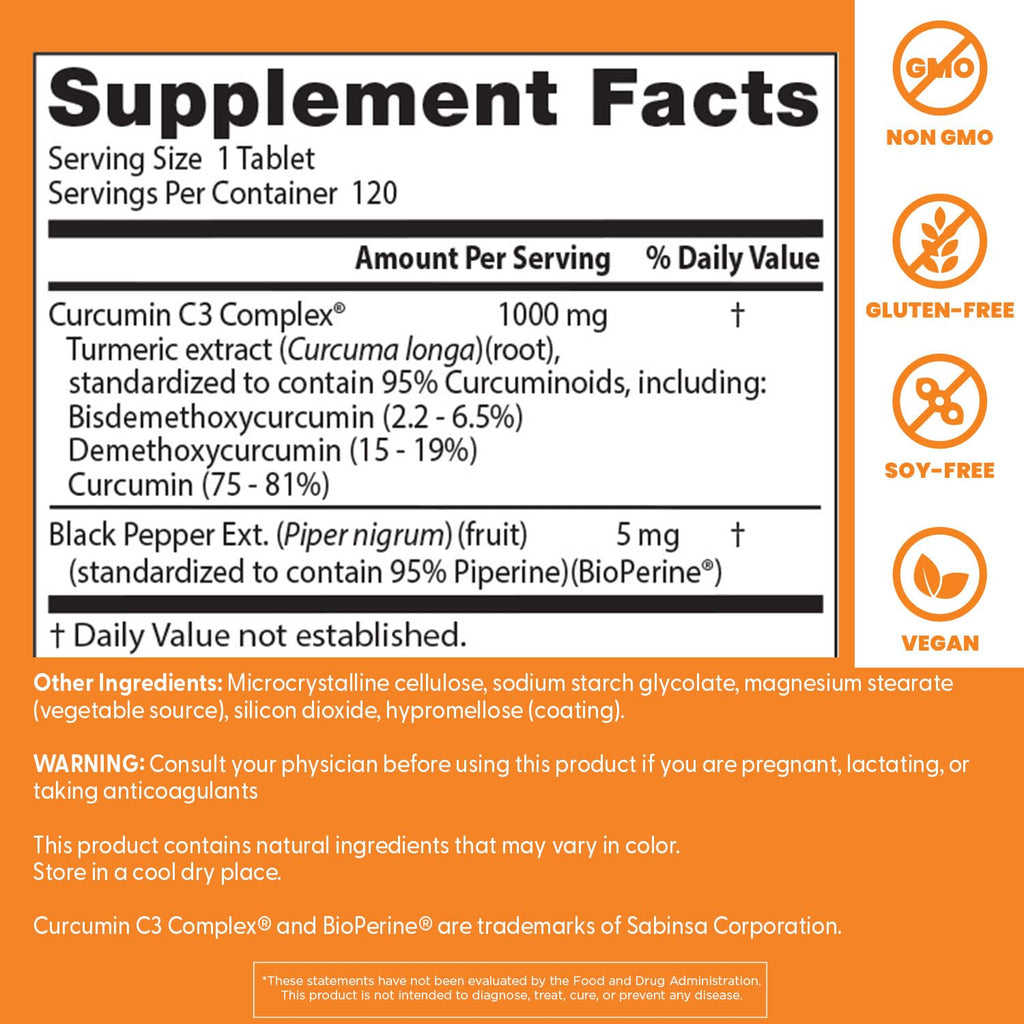 Doctor's Best Curcumin from Turmeric Root with C3 Complex & BioPerine - 1000 mg, 120 Tablets | Joint Support
