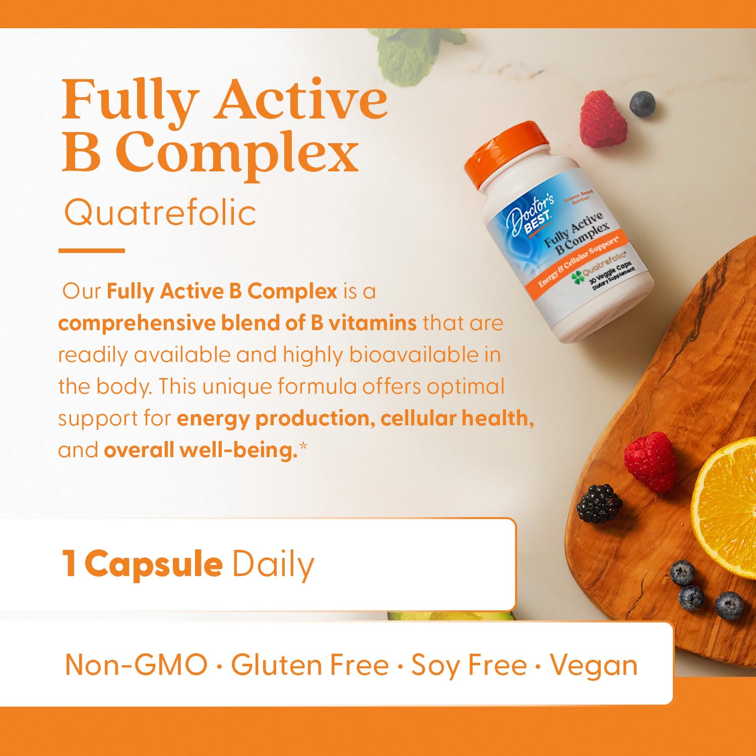 Doctors Best Fully Active B Complex – Energy & Cellular Support (30 Veggie Caps) | Vegan